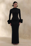 Jaselle Black High Neck Maxi Dress With Ruffled Satin Cuffs