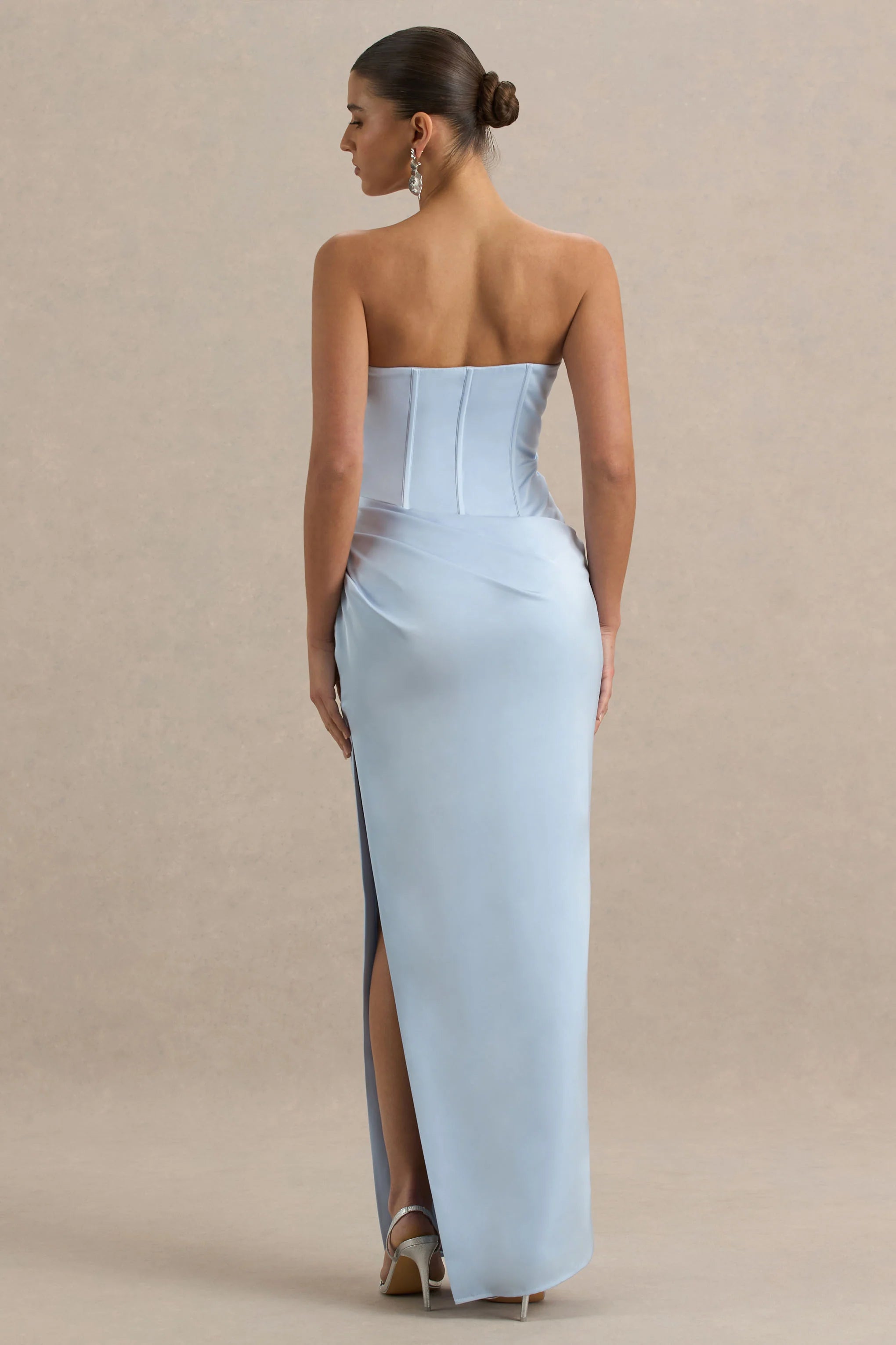 Joseline Powder Blue Satin Corset Wrap Maxi Dress With Scarf