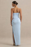 Joseline Powder Blue Satin Corset Wrap Maxi Dress With Scarf