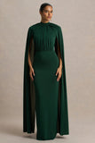 Darielle Bottle Green High Neck Cape Sleeve Maxi Dress