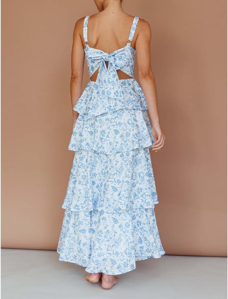 Women Floral Maxi Dress Sleeveless Bow Back Tiered Boho Flowy Long Dresses Summer Fall