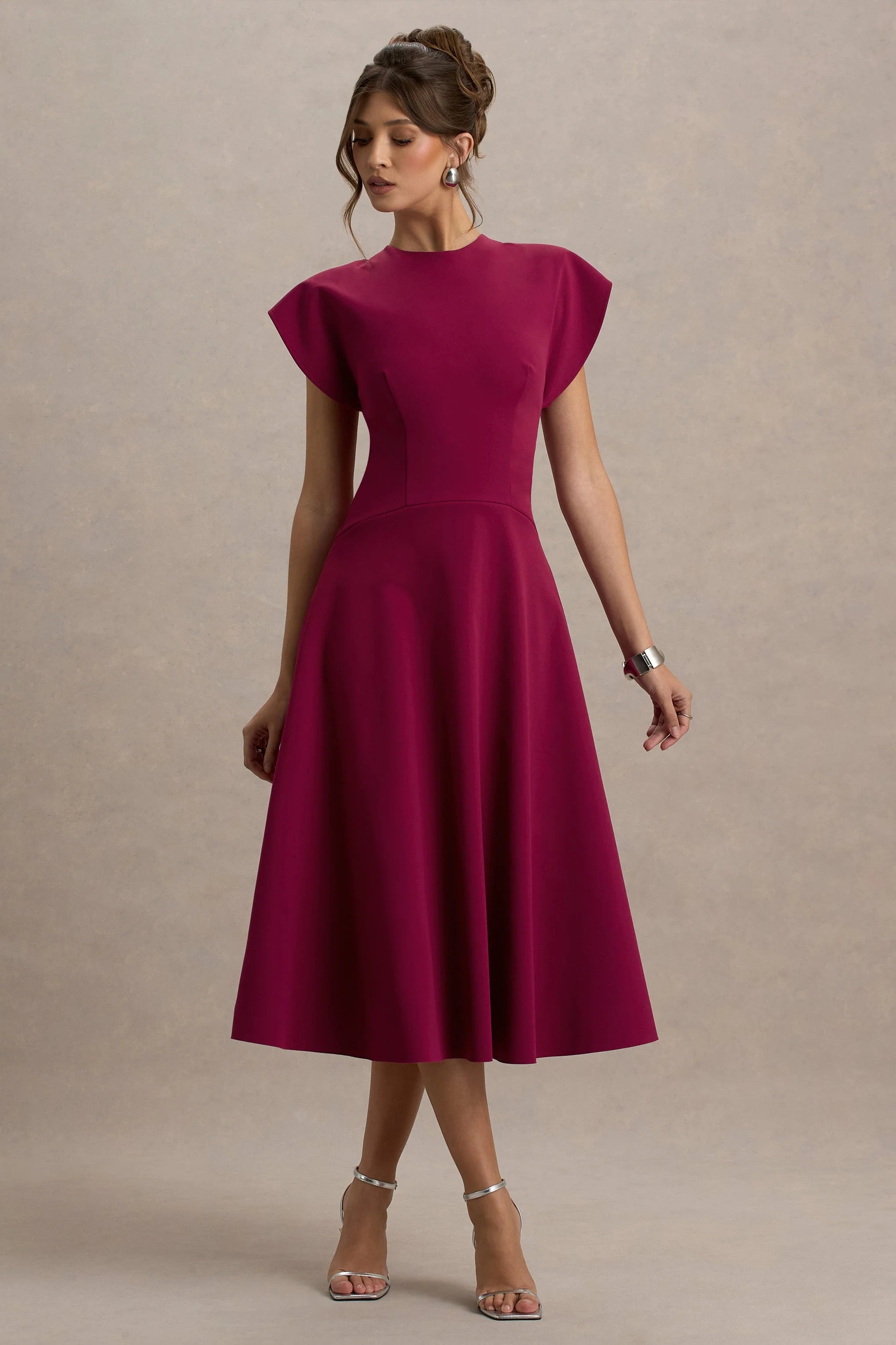 Linda Dark Cherry Crew Neck Cap Sleeve Midi Dress