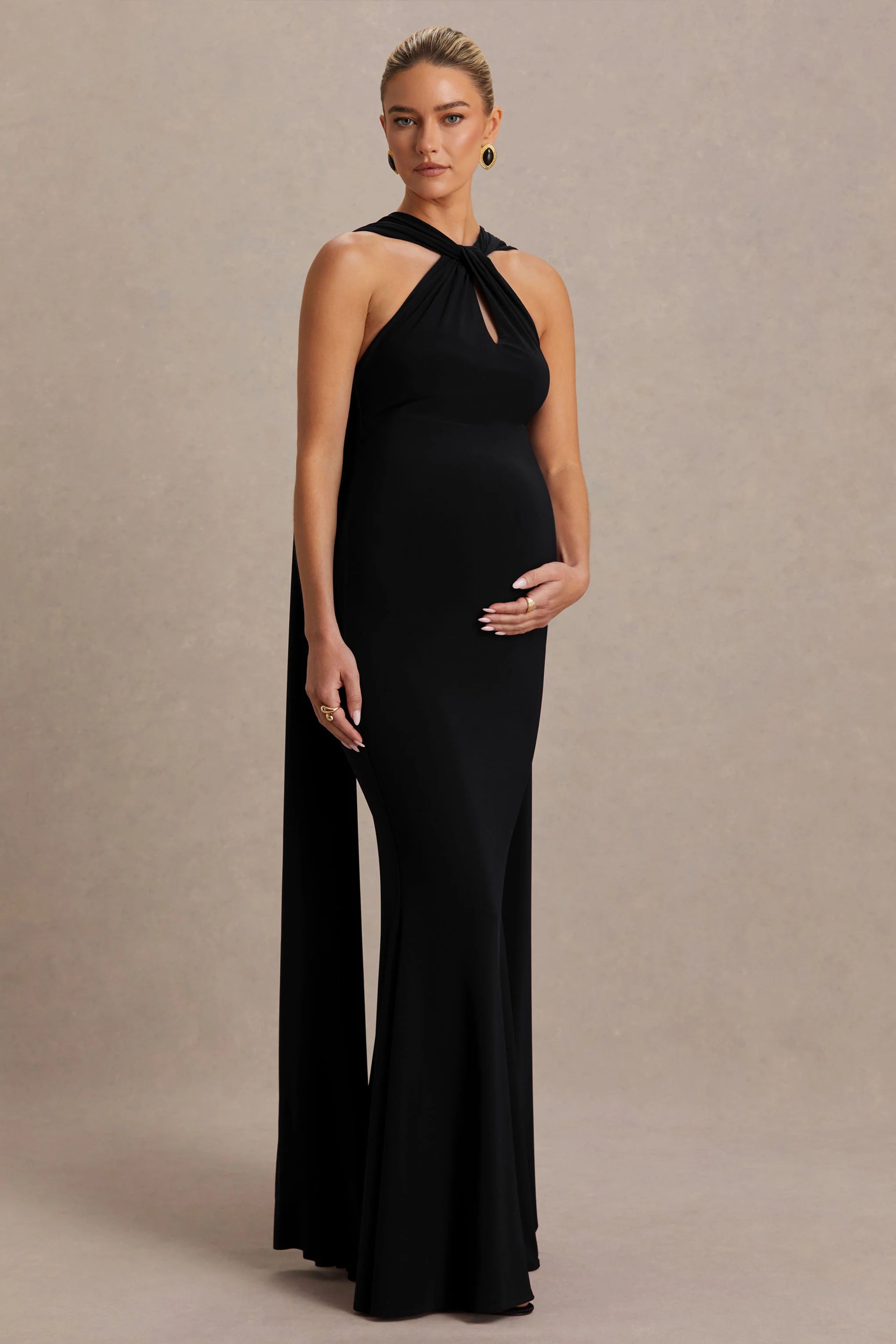 Lyra Black Cross Halter Neck Maternity Maxi Dress With Cape