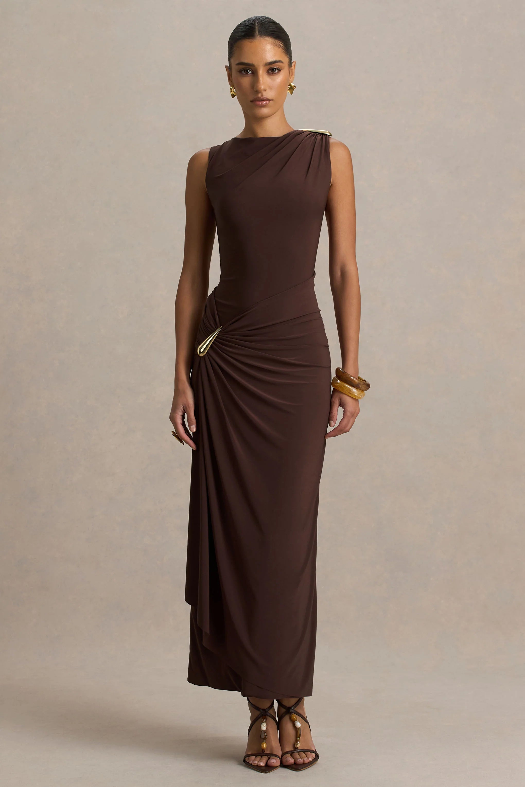 Fiora Brown Wide Neck Maxi Dress With Gathered Detail
