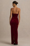 Illusion Burgundy Velvet Bandeau Maxi Dress With Bow Detail