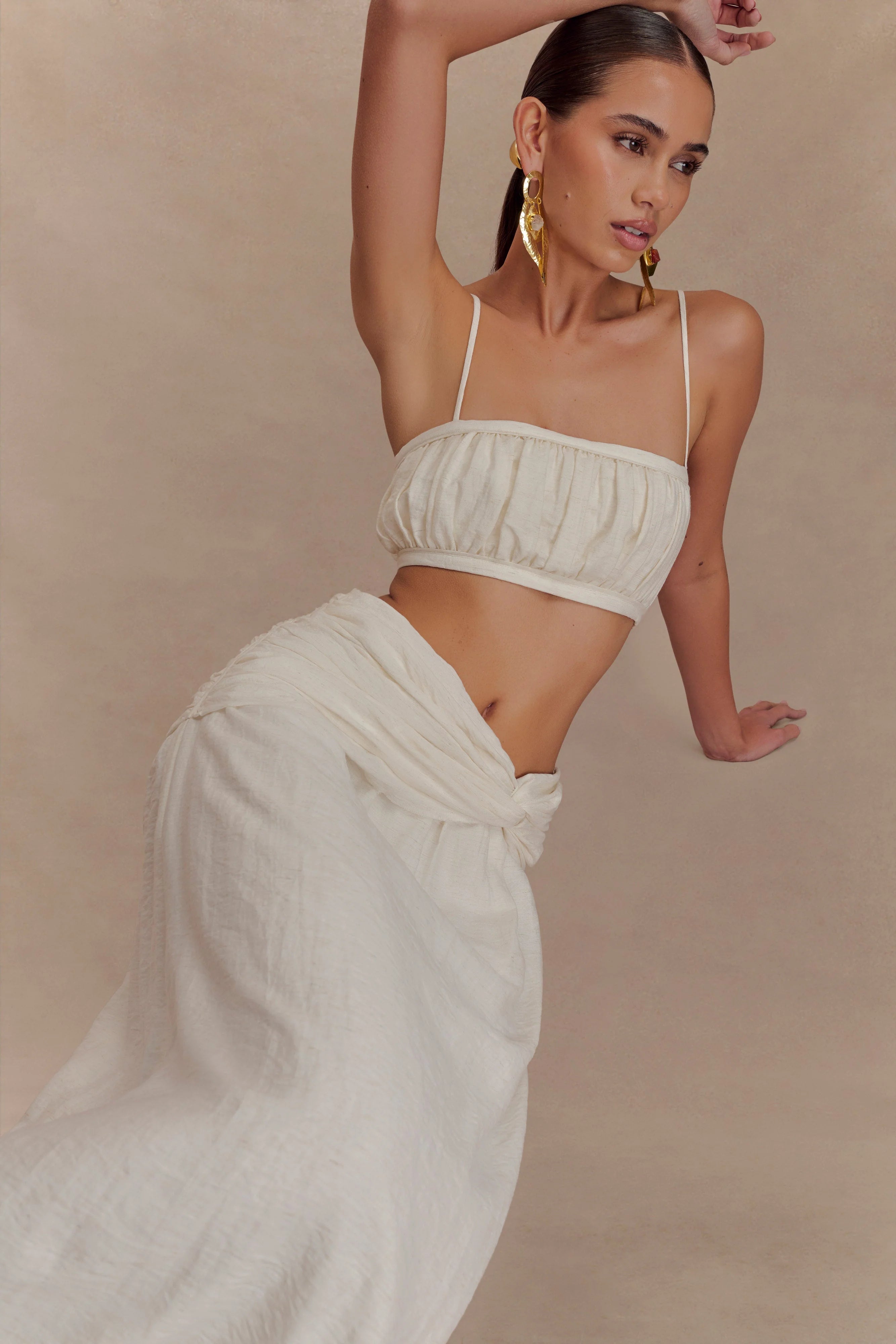 Scottie Gathered Linen Knot Maxi Skirt Oat Marle