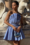 Distinguished Powder Blue Asymmetric Ruffled Mini Dress