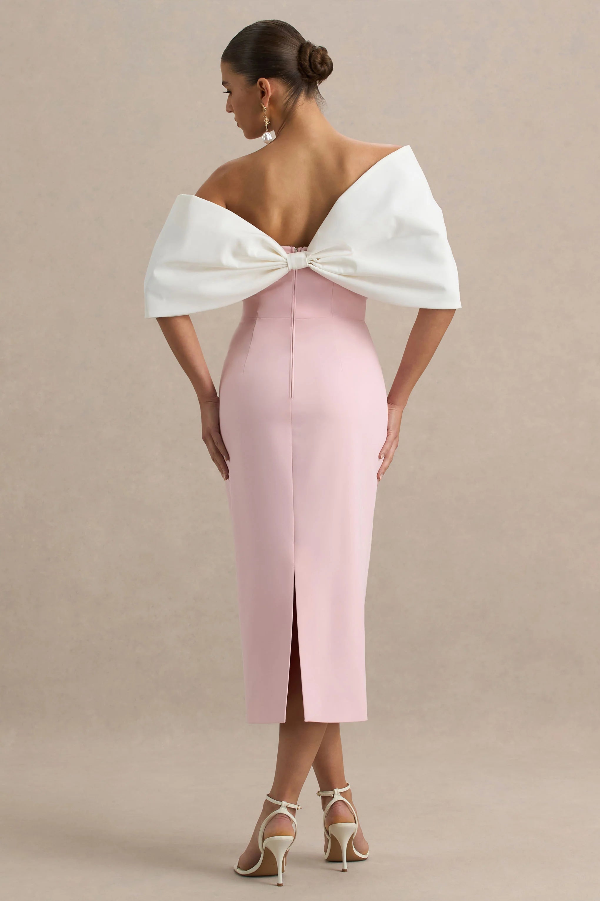 Lucille Rose Pink Asymmetric Bardot Midi Dress With Bow Detail