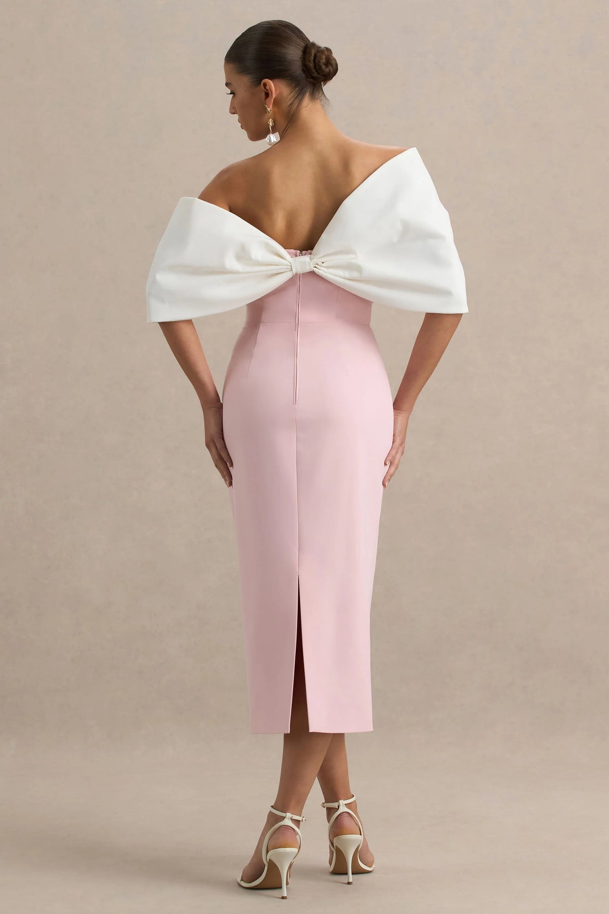 Lucille Rose Pink Asymmetric Bardot Midi Dress With Bow Detail
