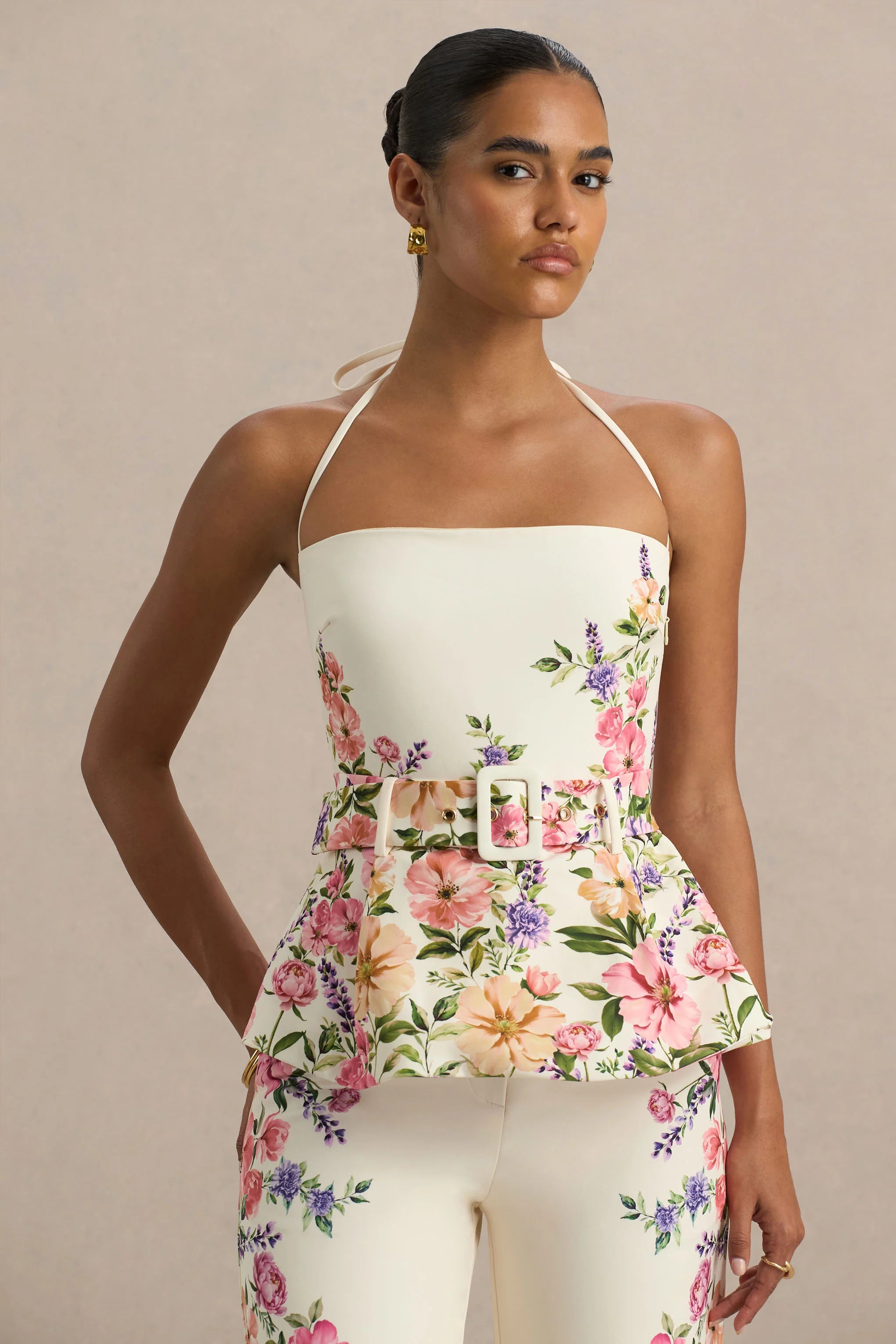 Maud White Floral Border Print Square Neck Tailored Top