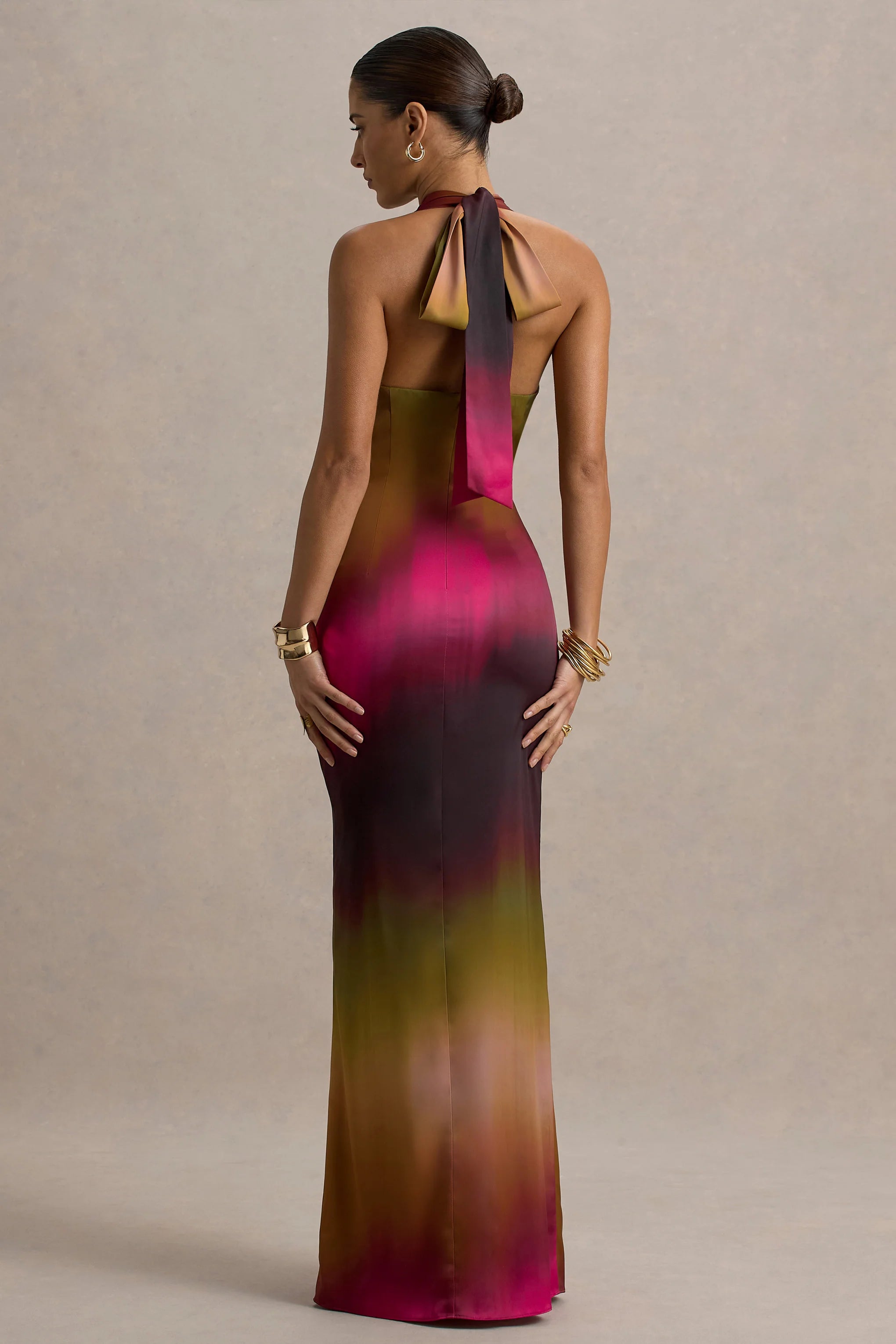 Fiorella Ombre Print Cowl Neck Split Maxi Dress