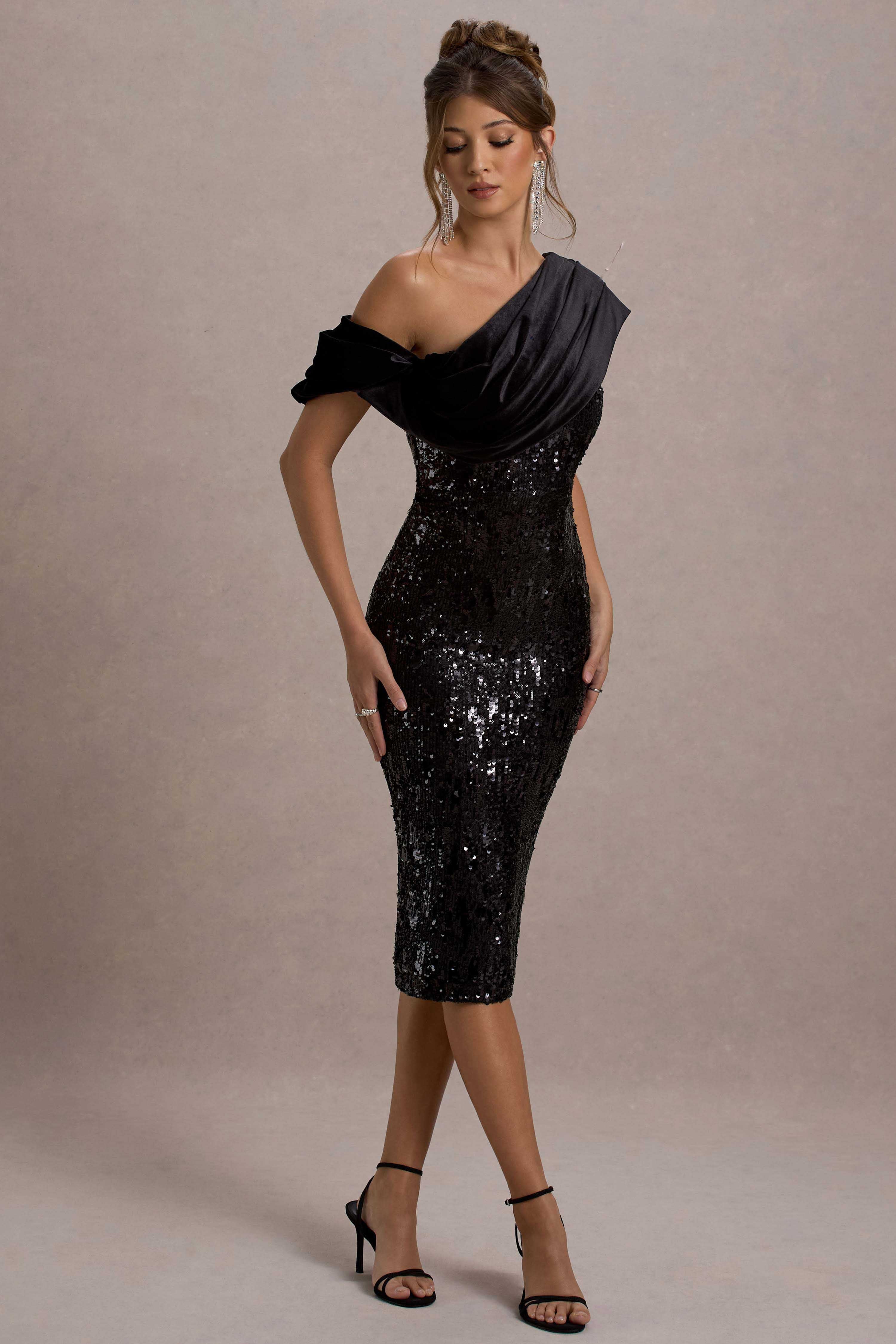 Volute Black Sequin One Shoulder Draped Midi Dress