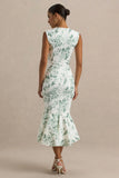 Priceless Green Porcelain Print Print High Neck Fishtail Midi Dress