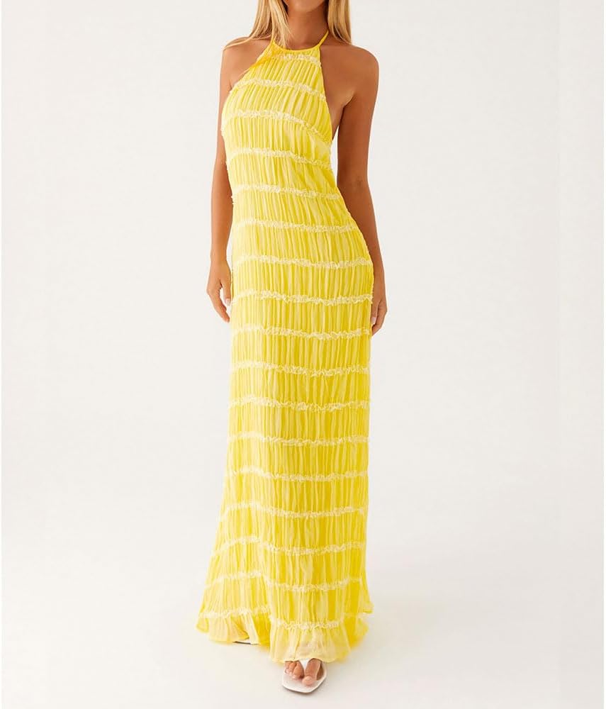 Women Backless Dress Sleeveless Textured Halter Open Back Maxi Dresses Vacation Wedding Guest