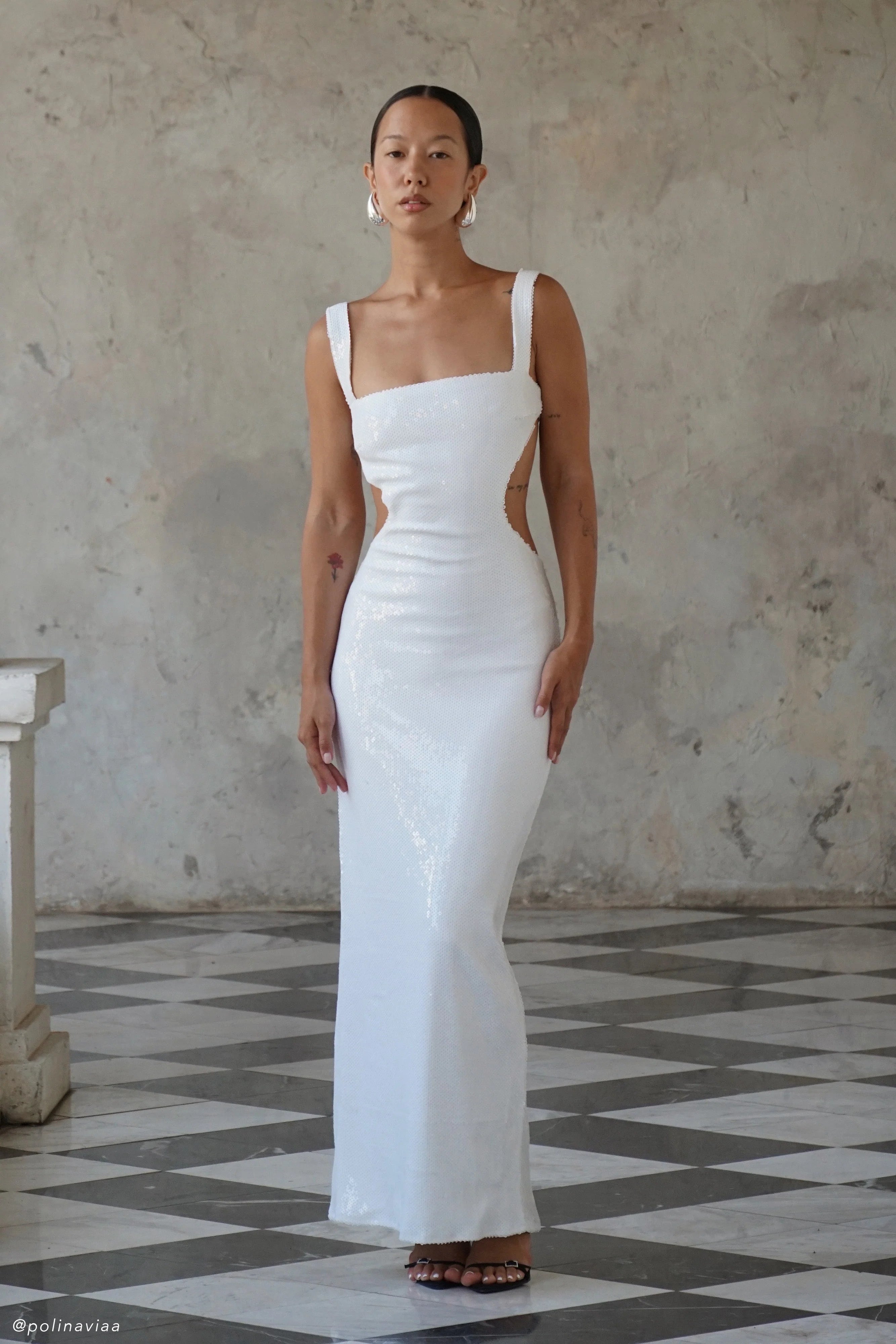 Adoria Sequin Cut Out Maxi Dress White