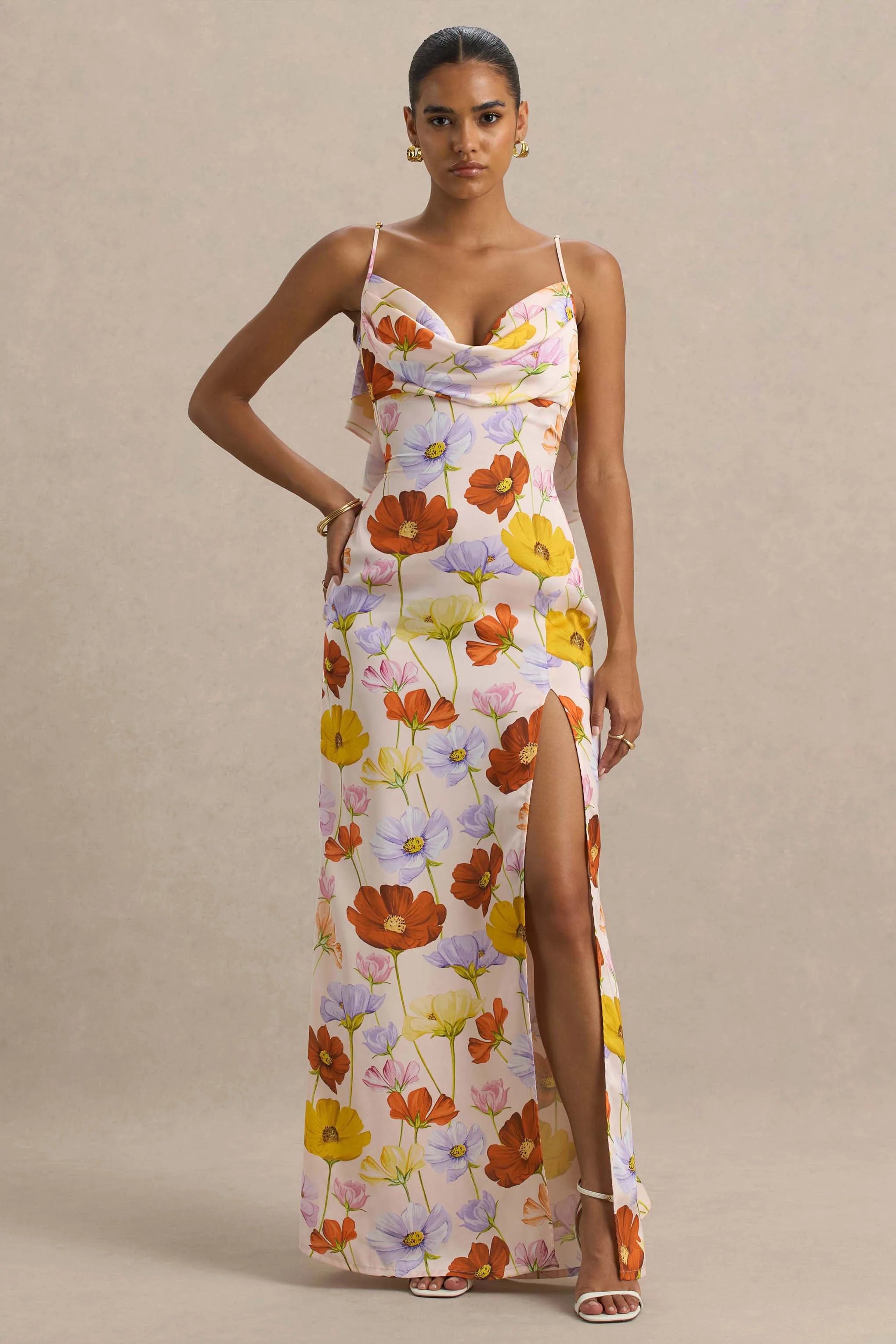 Thames Bright Floral Print Satin Cowl Neck Maxi Dress