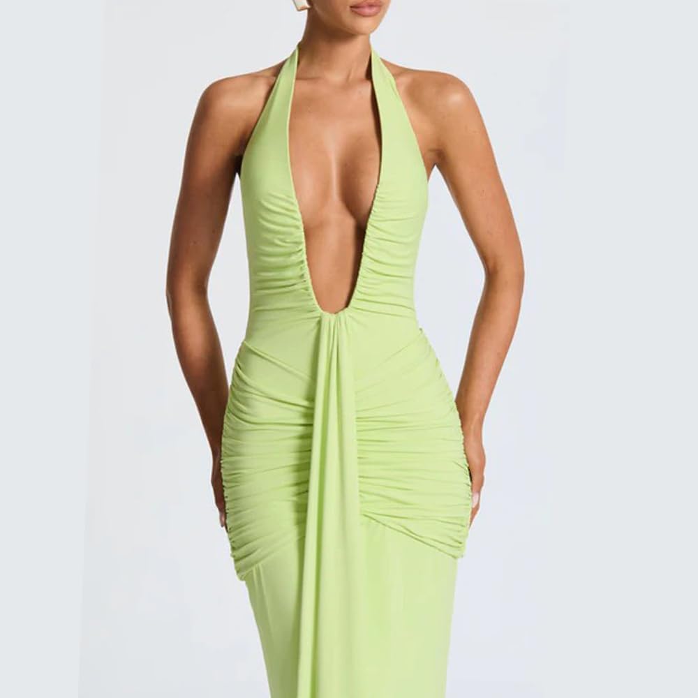 Women Deep V Neck Ruched Maxi Dress Sleeveless Halter Gown Cocktail Evening Formal Dresses