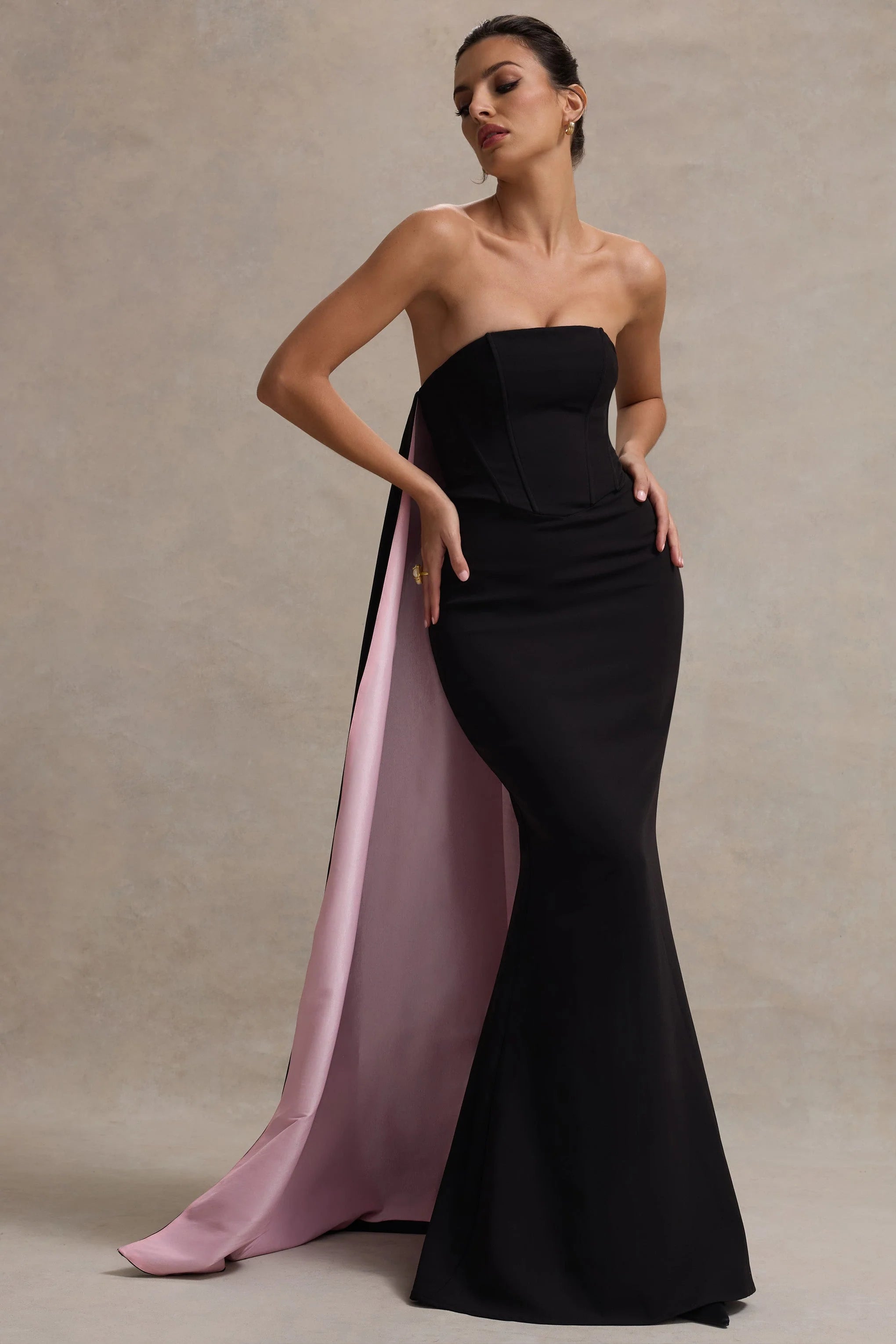 Shes Trouble Black Bandeau Maxi Dress With Pink Cape