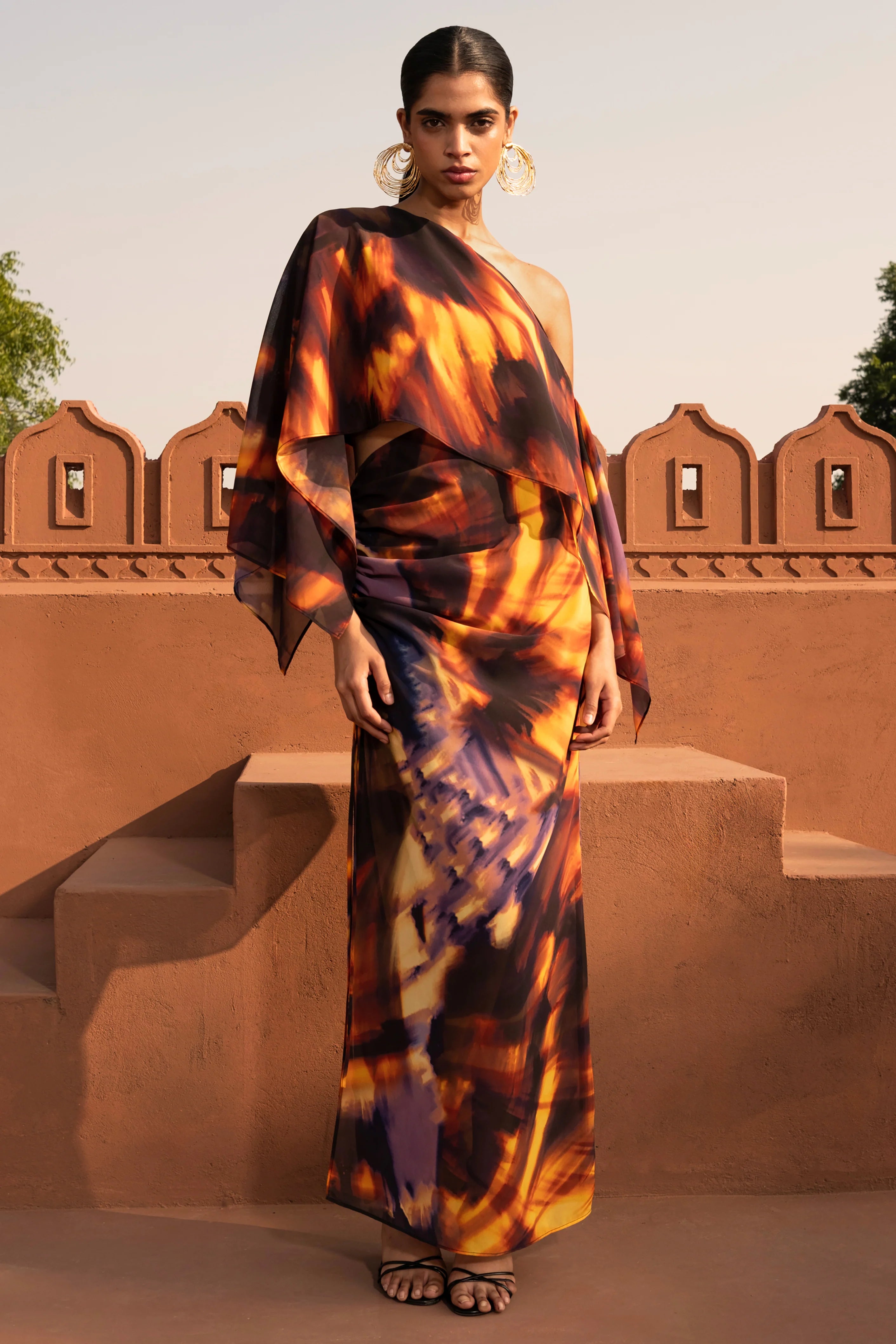 Nadine Smoke Print Asymmetric Maxi Skirt With Split
