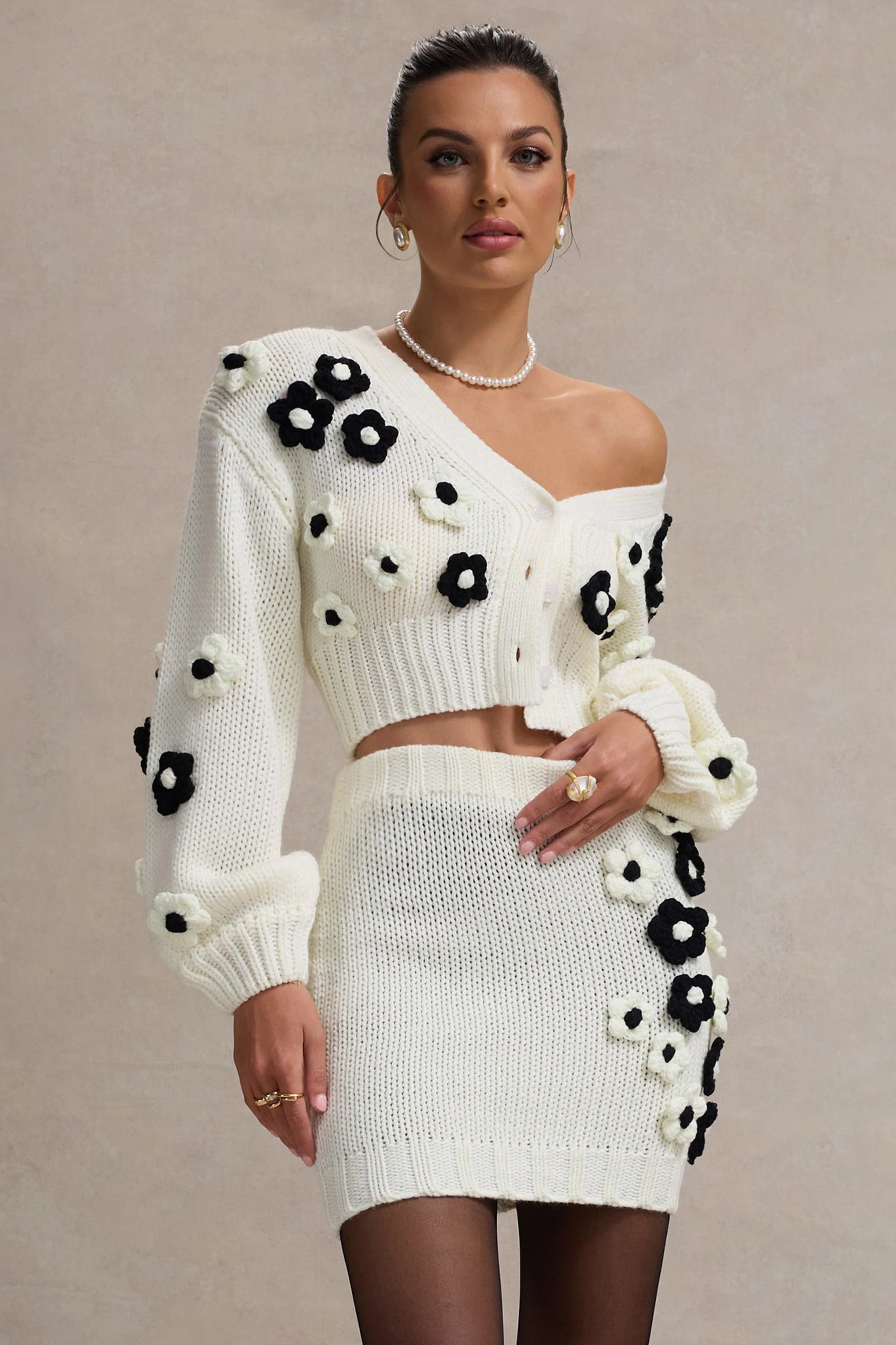 Louvre Cream Black Knit Cropped Floral Cardigan