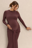 Aveny Brown Crew Neck Maternity Maxi Dress With Ruched Detailing And Sash