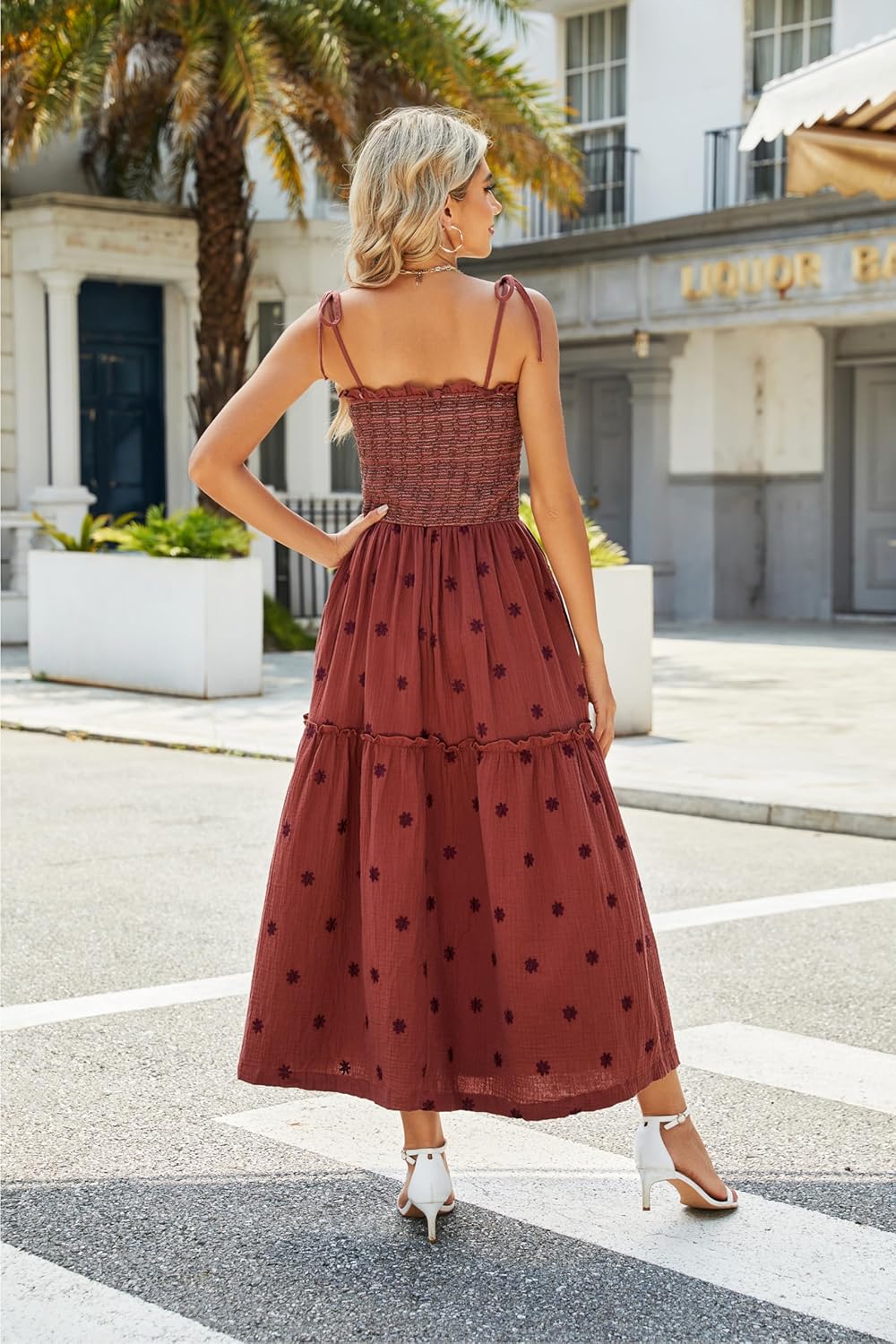 Women Floral Embroidered Maxi Dress Sleeveless Tie Shoulder Smocked Flowy Dress Boho Summer Sundresses with Pockets