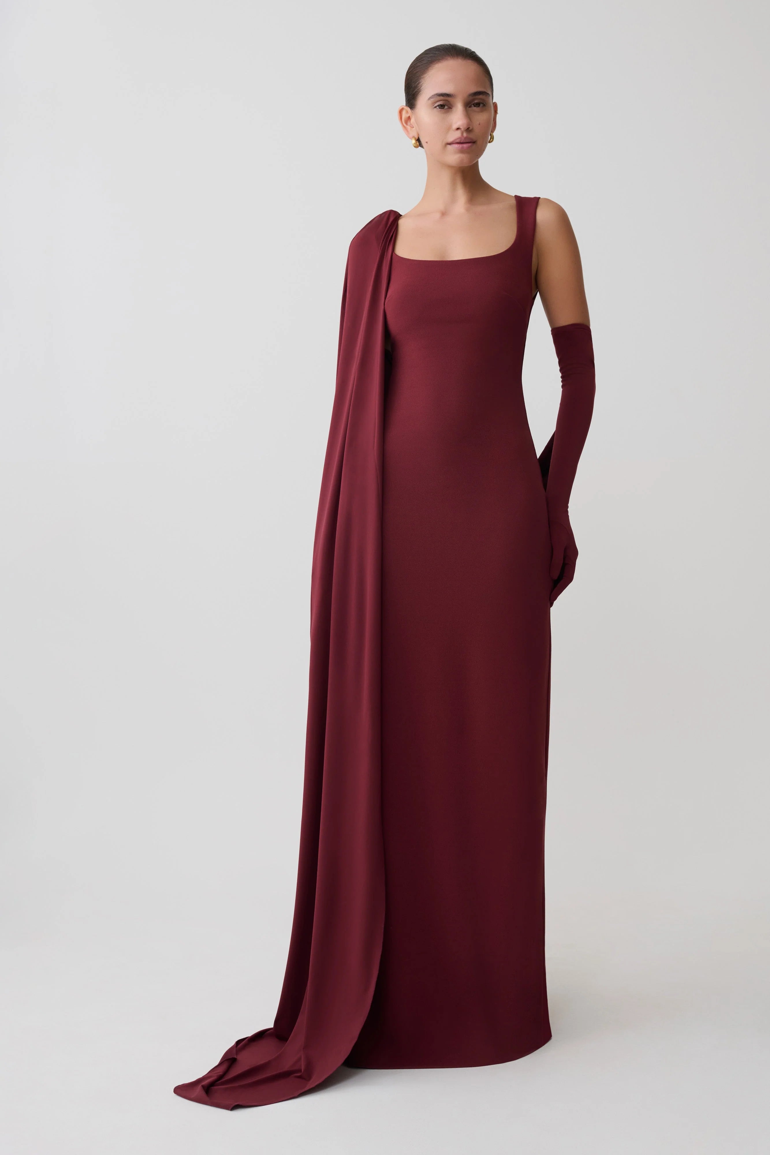 Rhea Detachable Cape Jersey Maxi Dress Wine