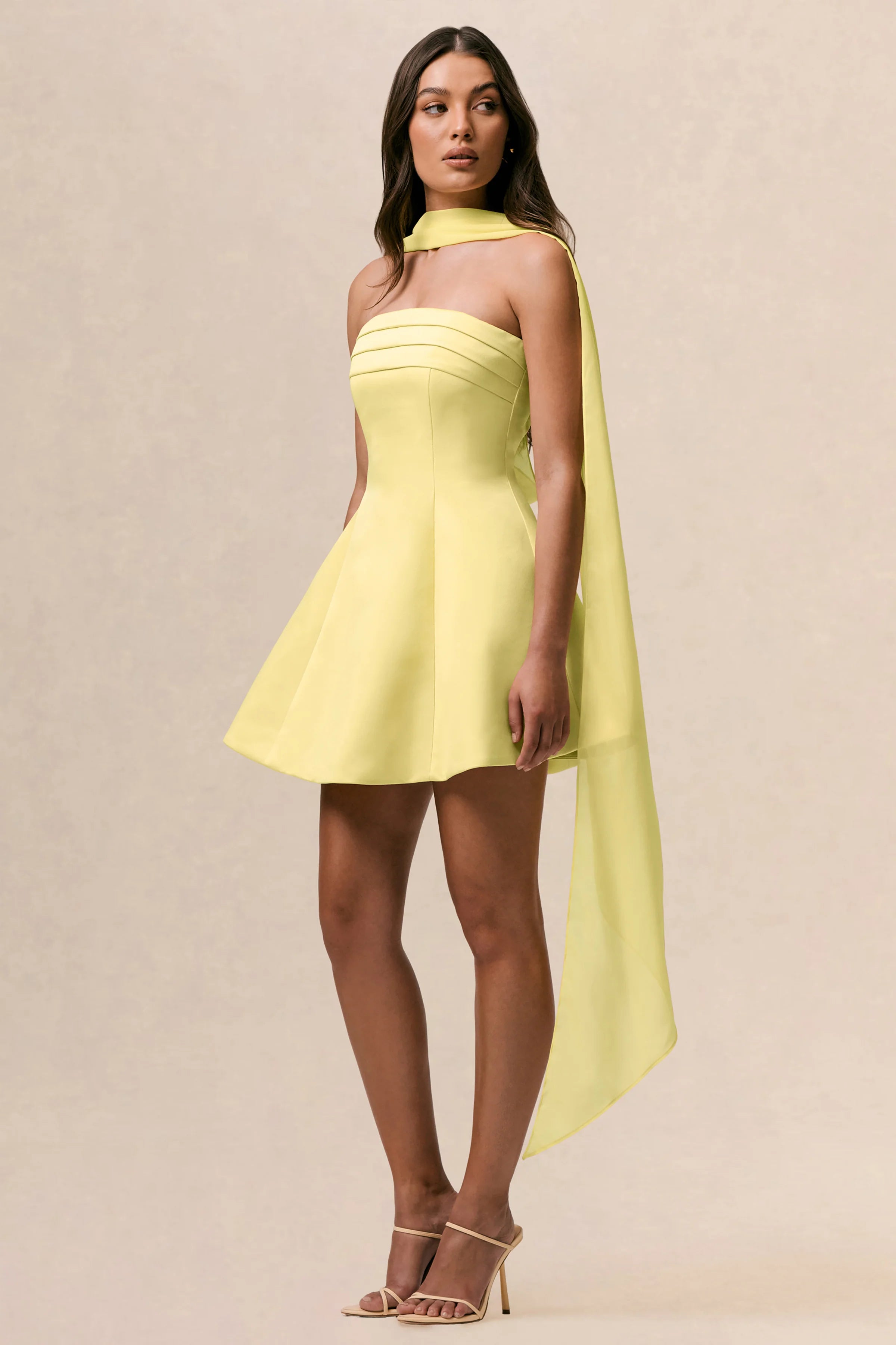 Love Me Lemon Satin Skater Mini Dress With Chiffon Scarf