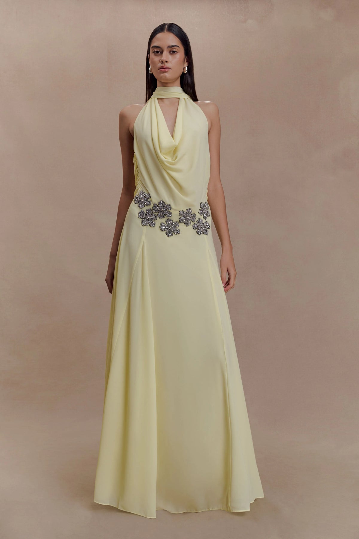Santal Floral Chiffon Halter Maxi Dress Lemon