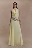 Santal Floral Chiffon Halter Maxi Dress Lemon