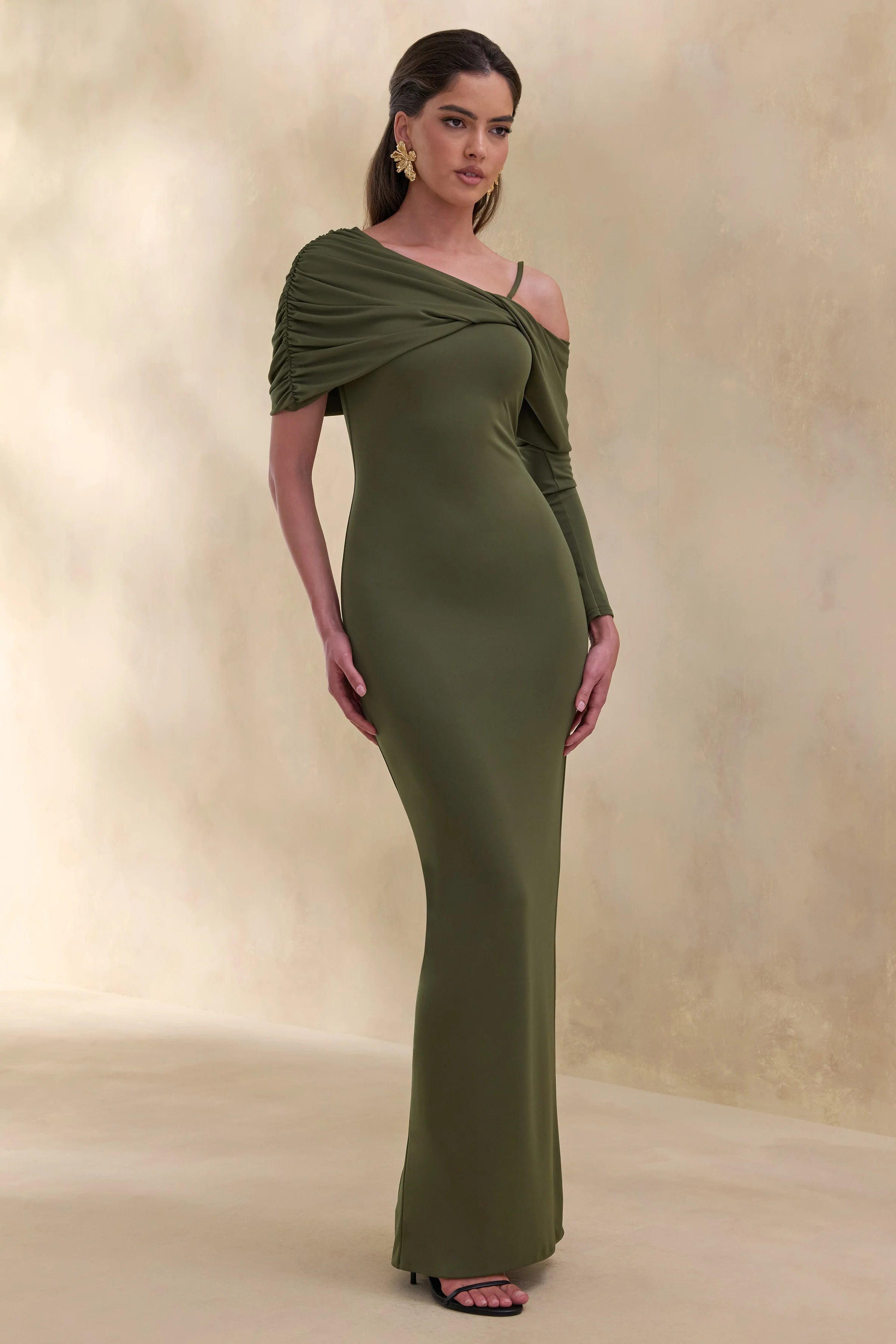 Silvaria Olive Twisted Asymmetric Neck Maxi Dress