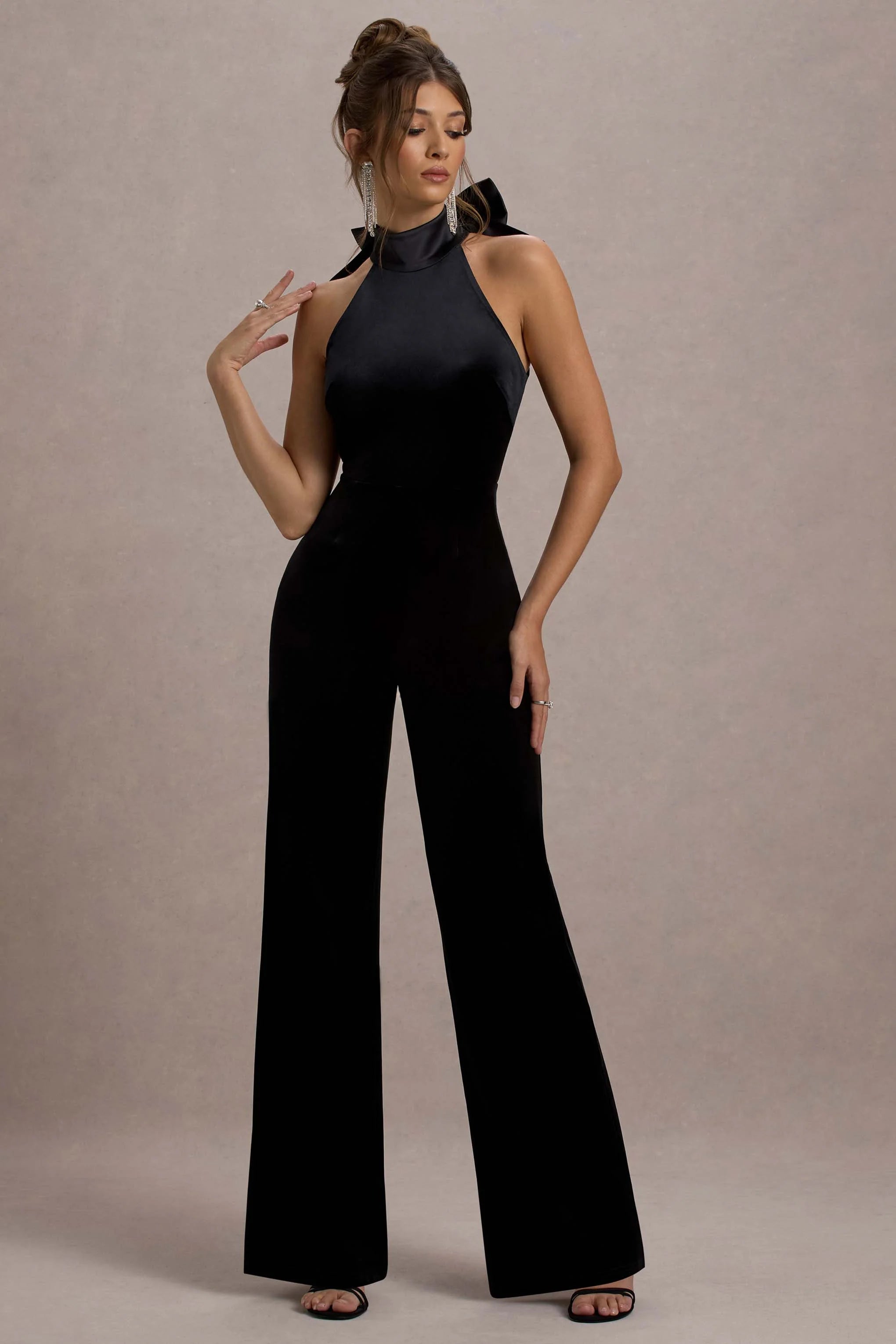 Alondra Black Velvet High Neck Straight Leg Jumpsuit