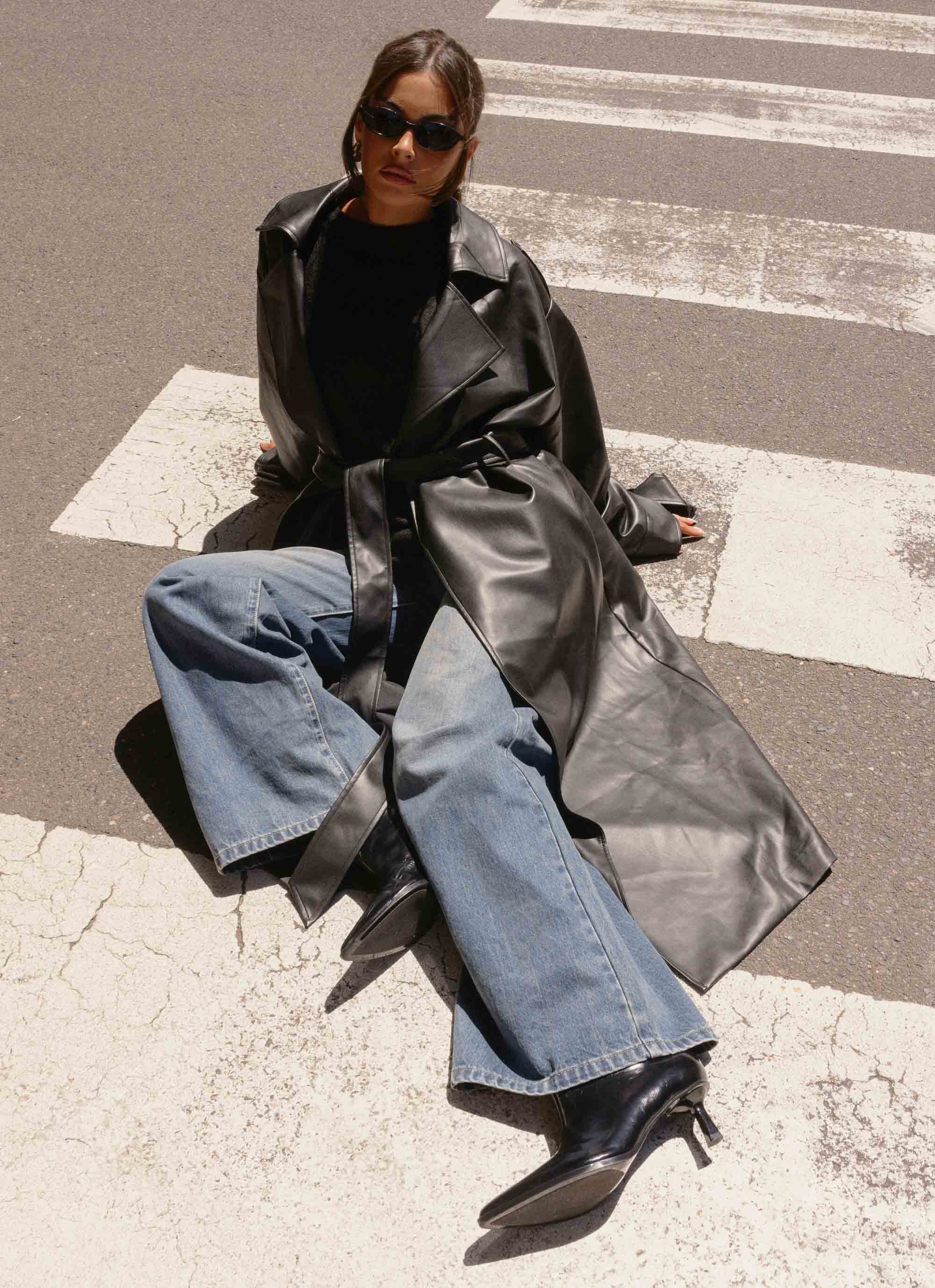 Out On The Town Faux Leather Midi Trench Black