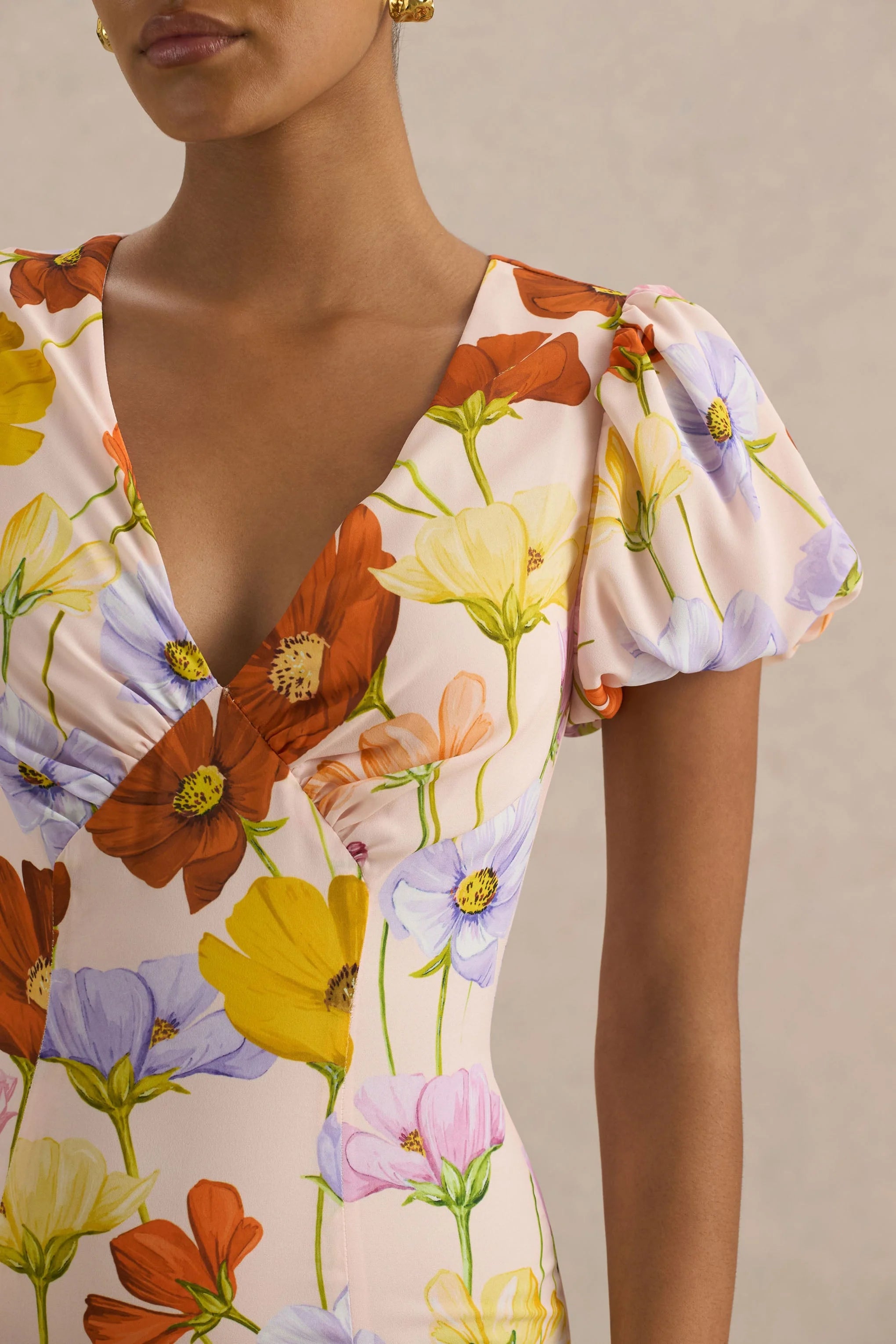 Ginny Bright Floral Print Puff Sleeve Split Maxi Dress