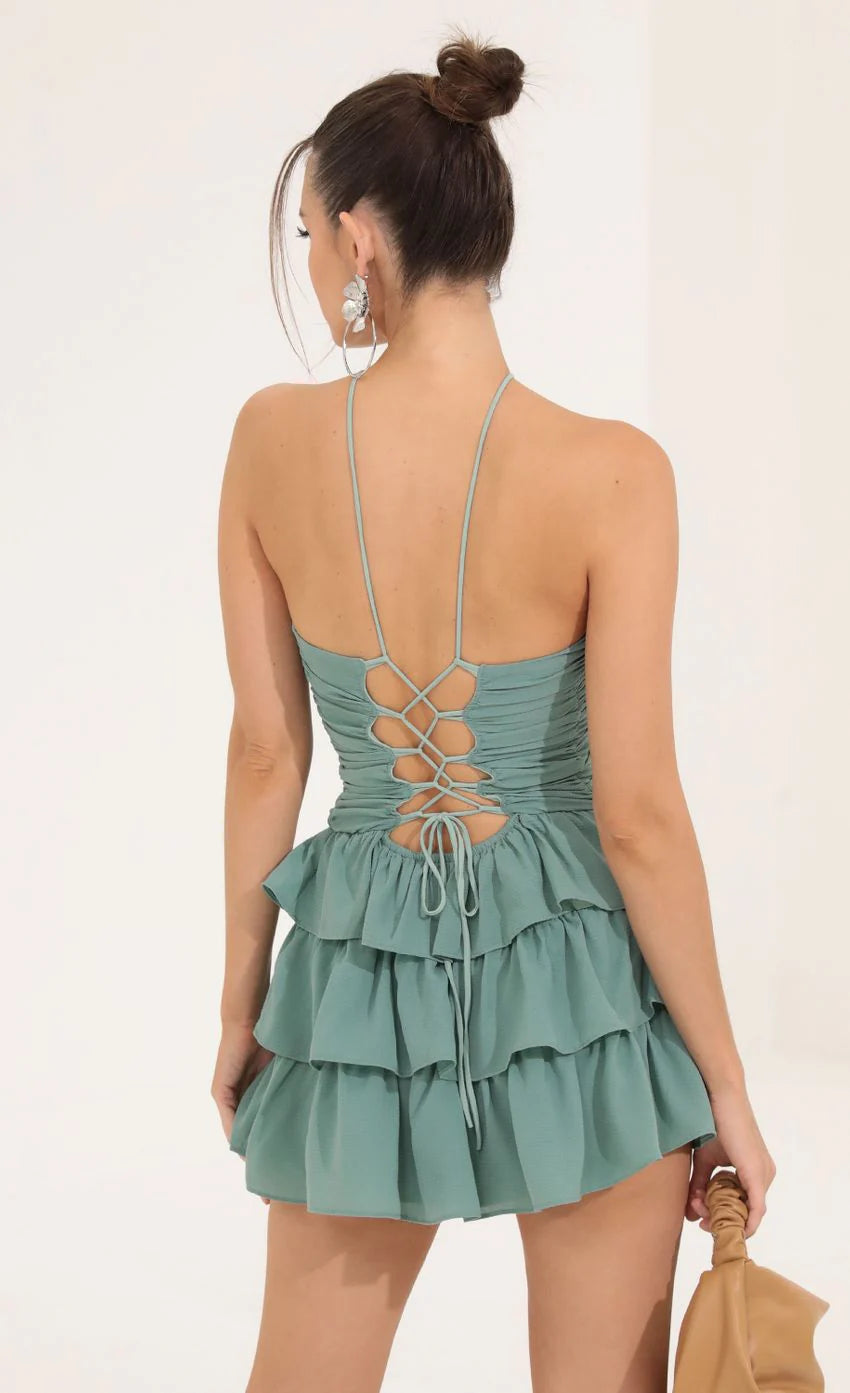 Crepe Ruffle Dress in Green