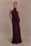 Indira Gathered Slinky Halter Maxi Dress Mahogany