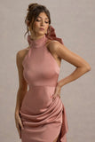 Maureen Pink Satin High Neck Draped Maxi Dress
