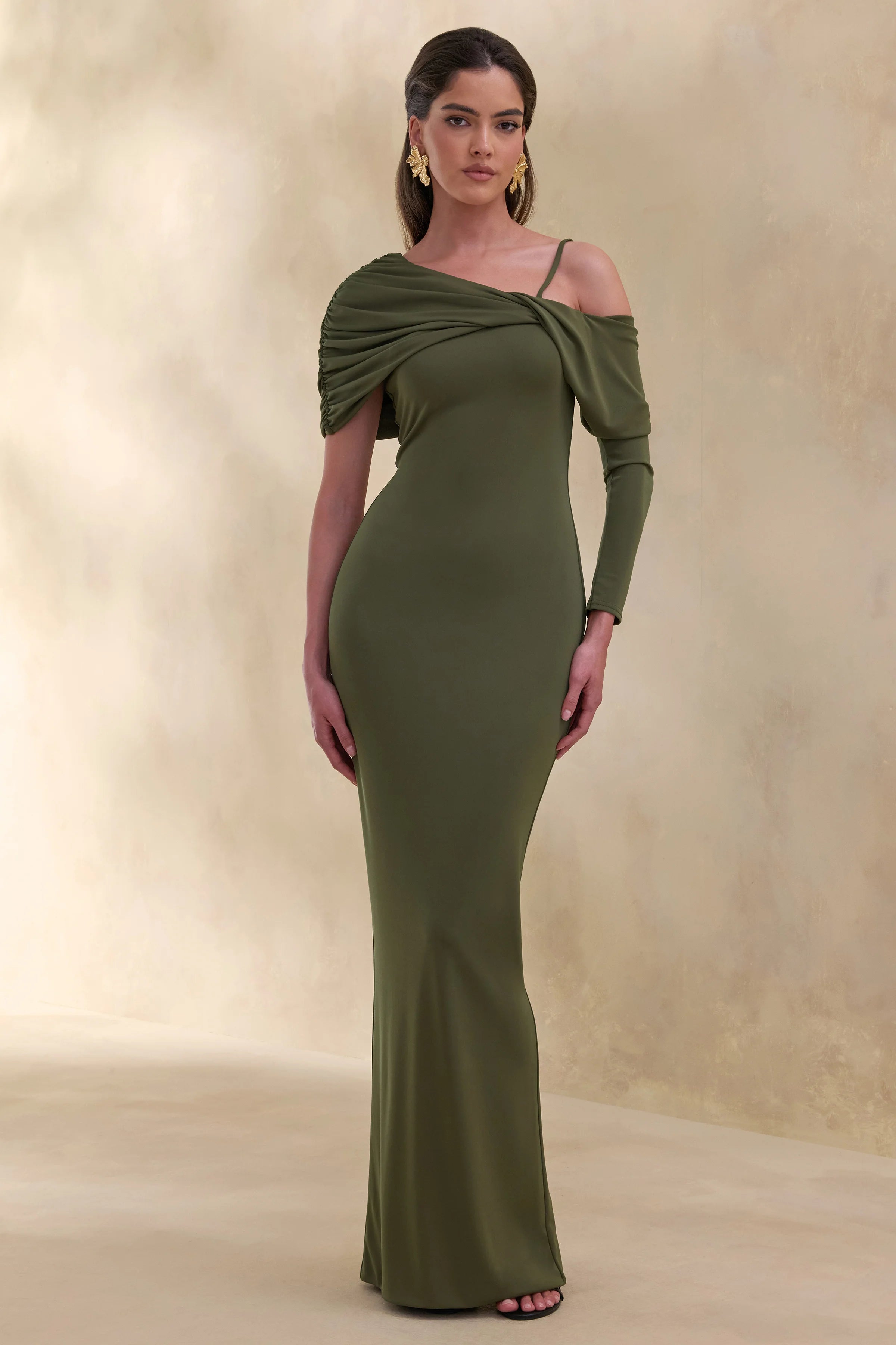 Silvaria Olive Twisted Asymmetric Neck Maxi Dress