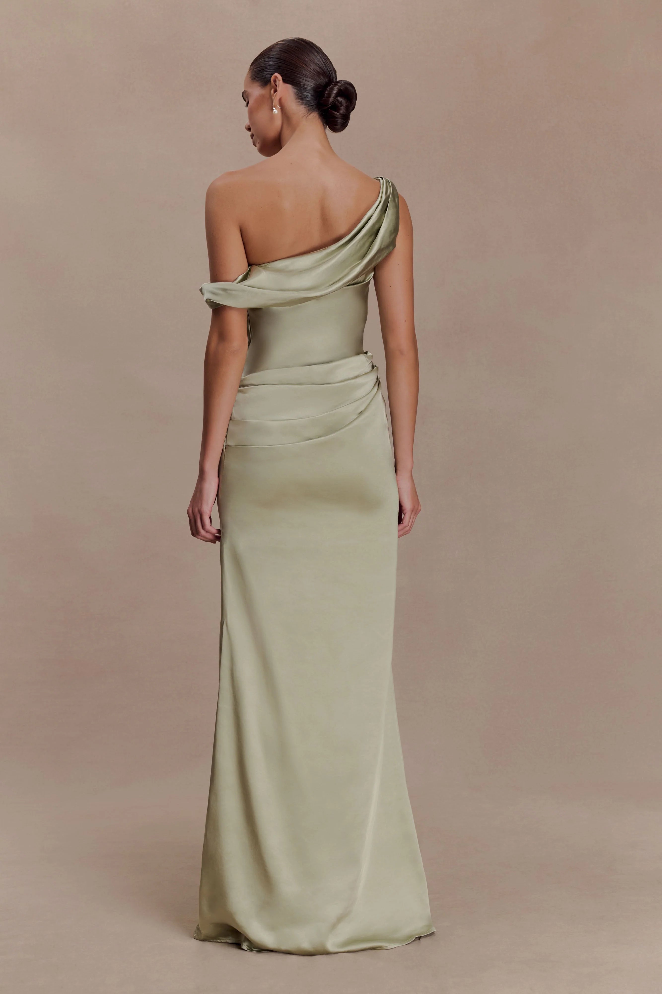 Dalia Off Shoulder Satin Maxi Dress Sage