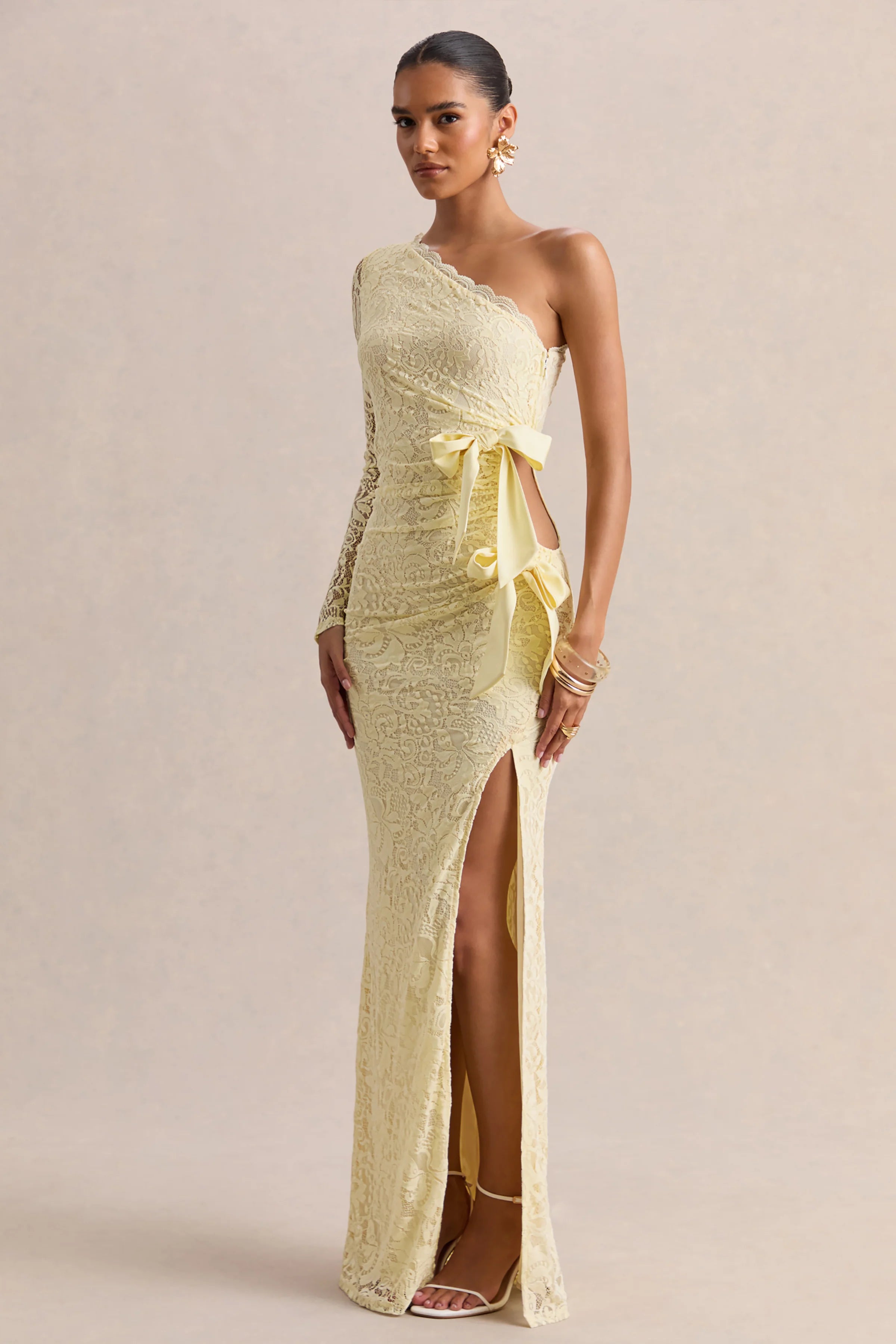 Norna Lemon Lace Asymmetric Neck Maxi Dress With Cut Out And Bow Details
