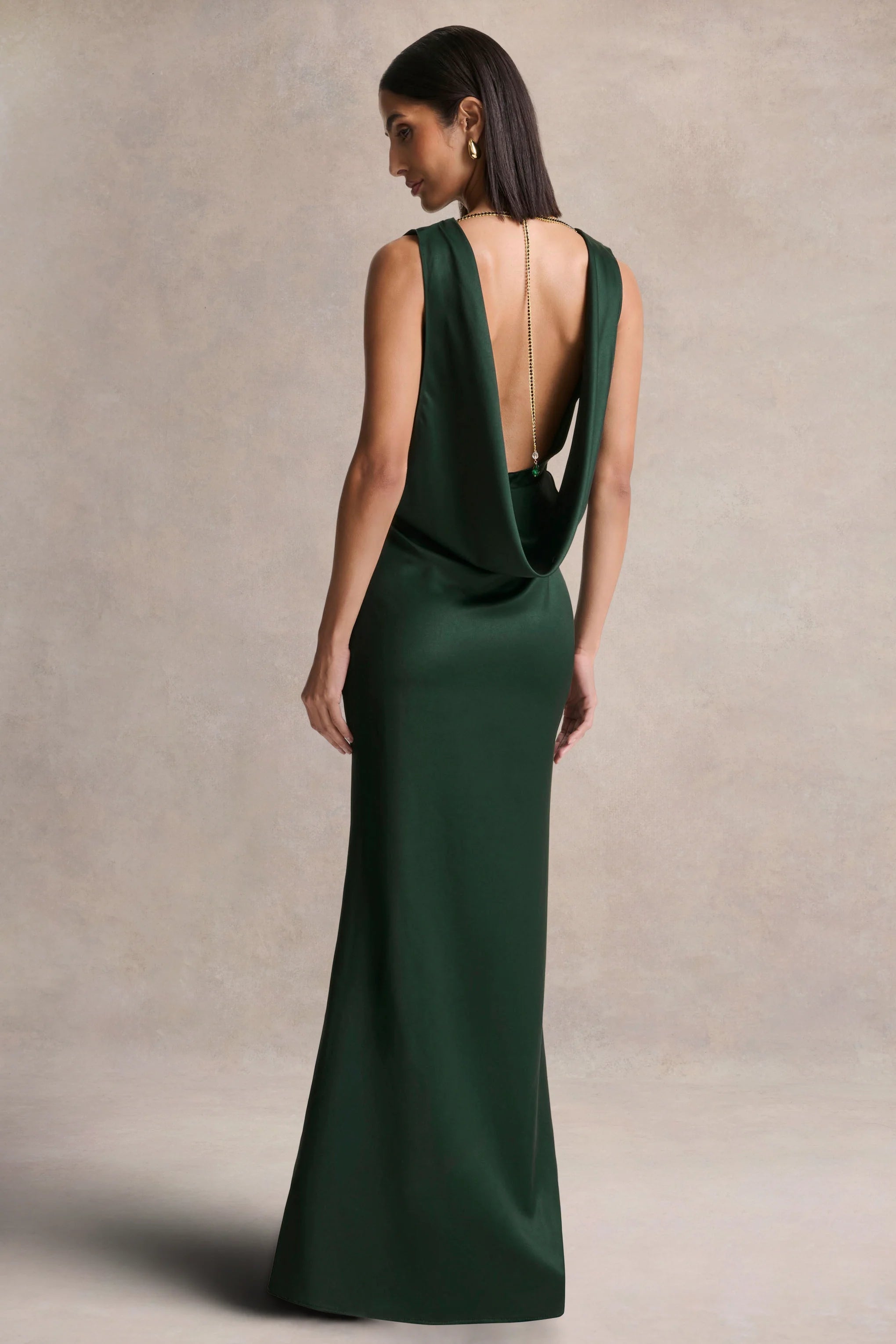 Stacey Dark Green Slashed Neck Maxi Dress With Open Back And Embellished Detail
