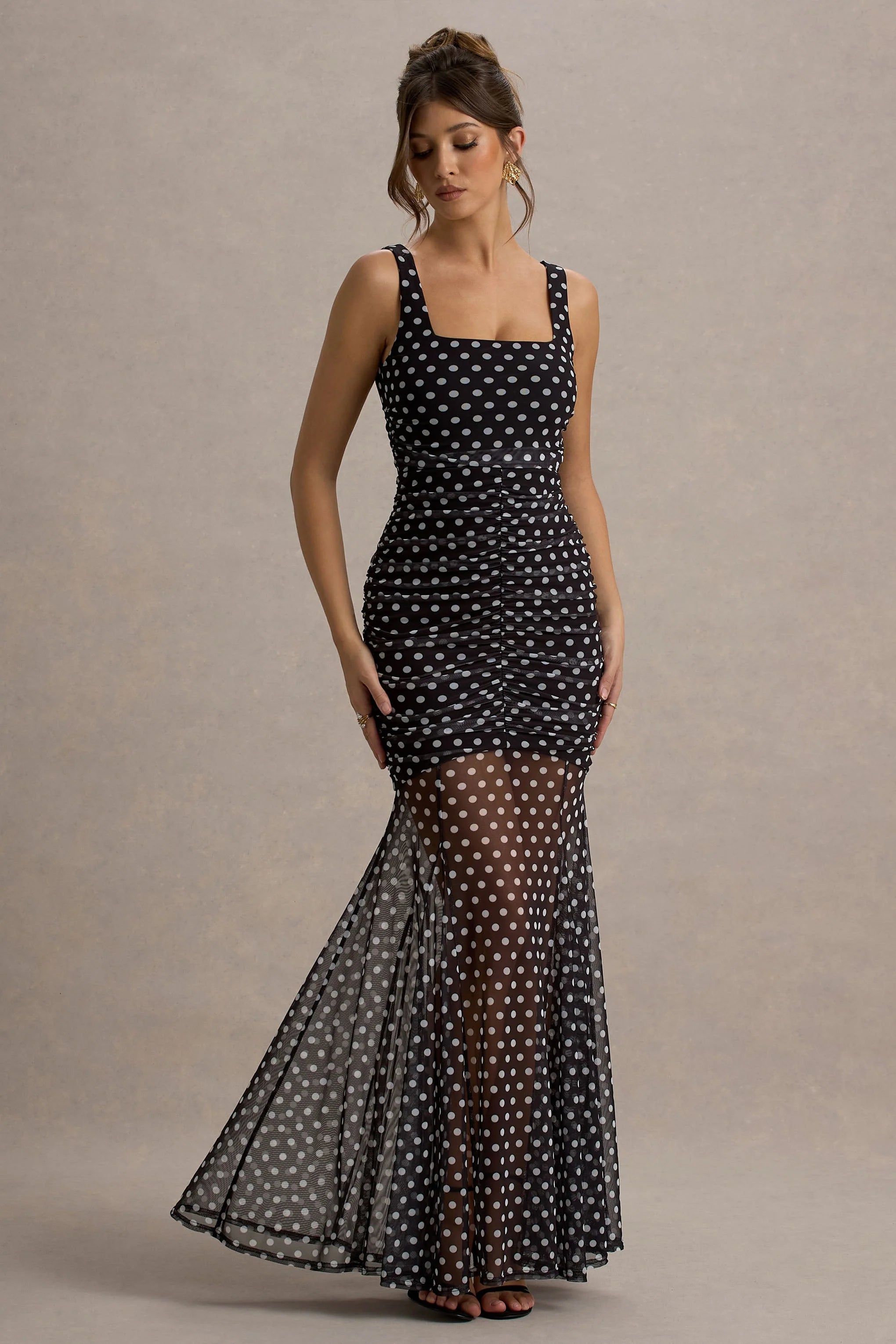 Galaxia Black White Polka Dot Maxi Dress With Mesh Skirt