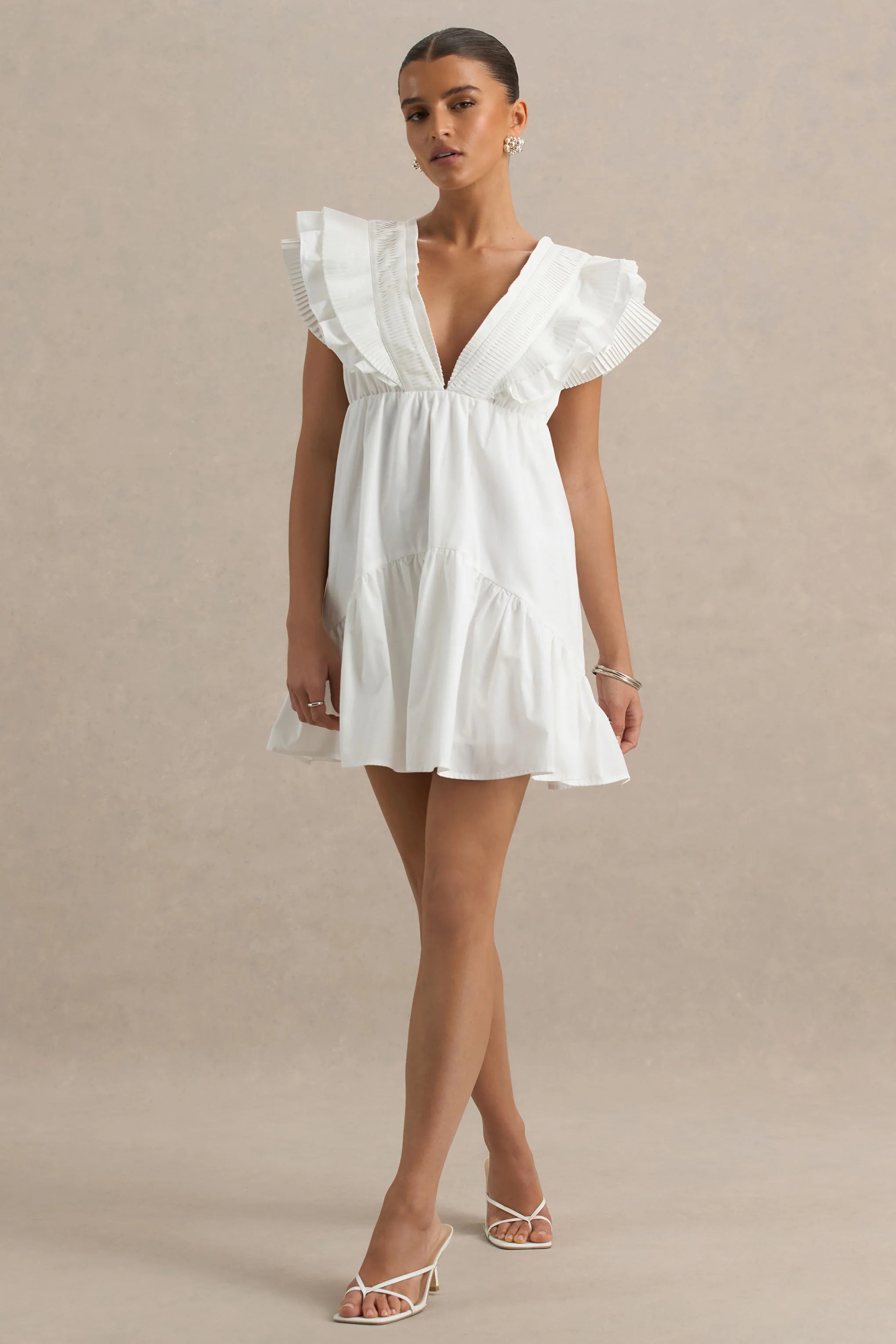 Judie White Poplin V Neck Ruffled Mini Dress