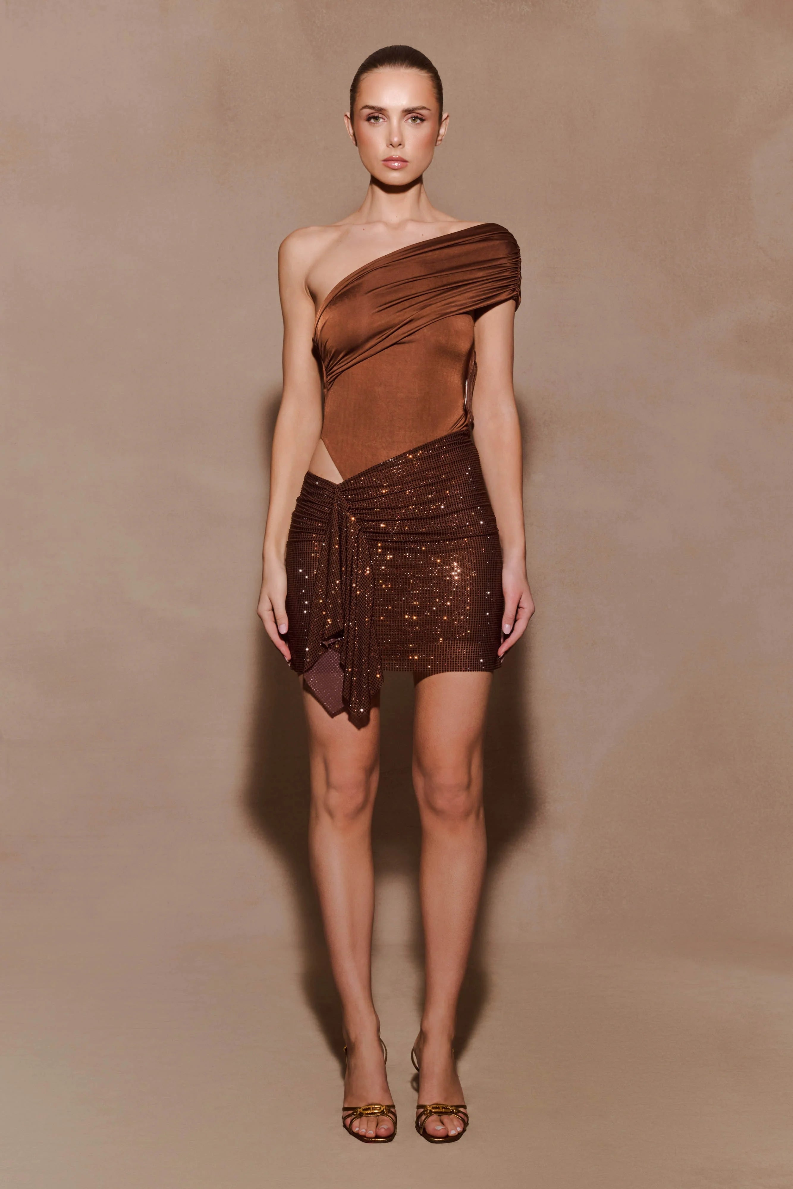 Paisley Slinky And Diamante Mini Dress Chocolate