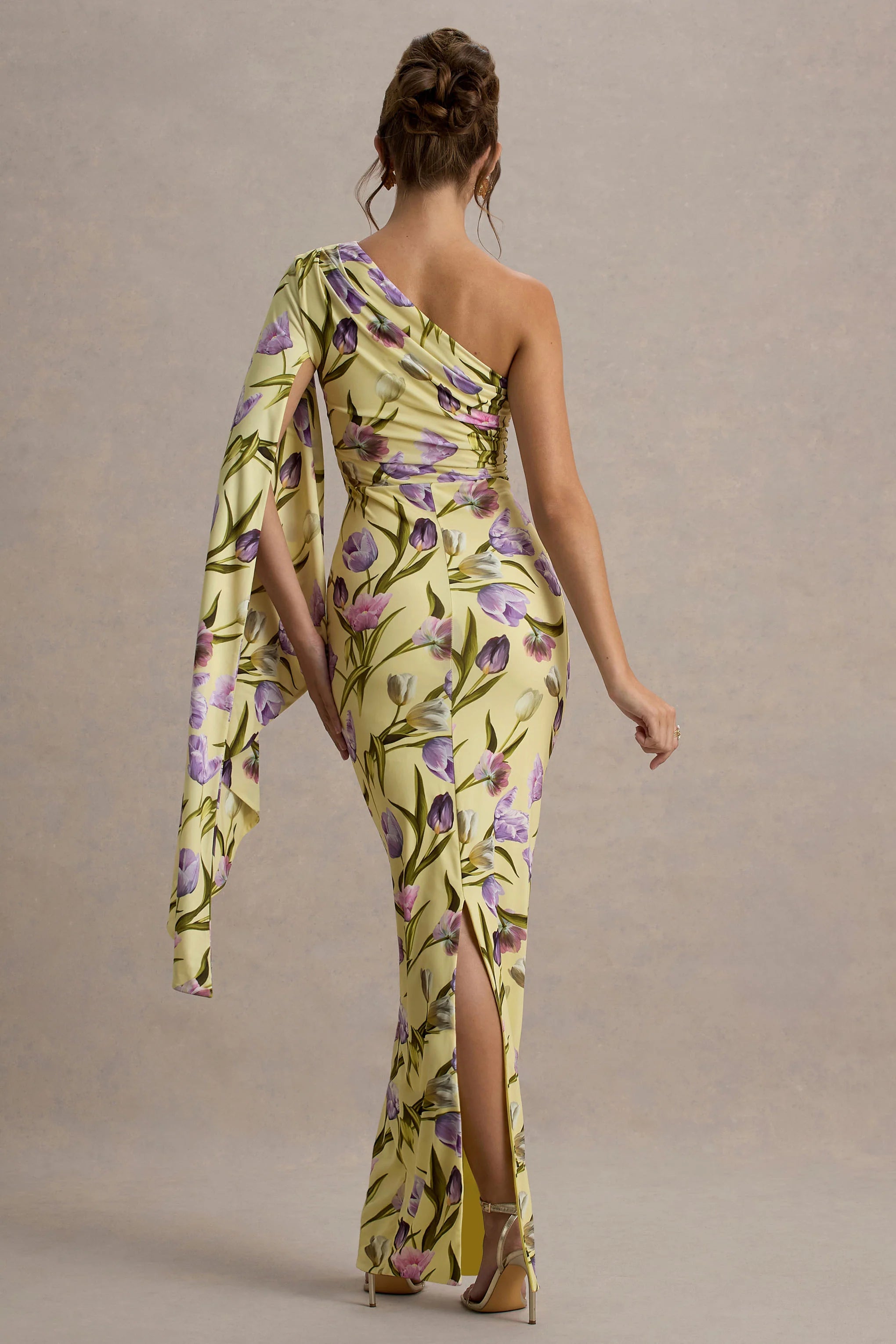 Clementina Tulip Floral Print Asymmetric Cape Sleeve Maxi Dress