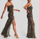 Women Tube Top Dress Tiger Stripe Mesh Patchwork Maxi Dress Strapless Sexy High Slit Long Dresses Beach Vacation