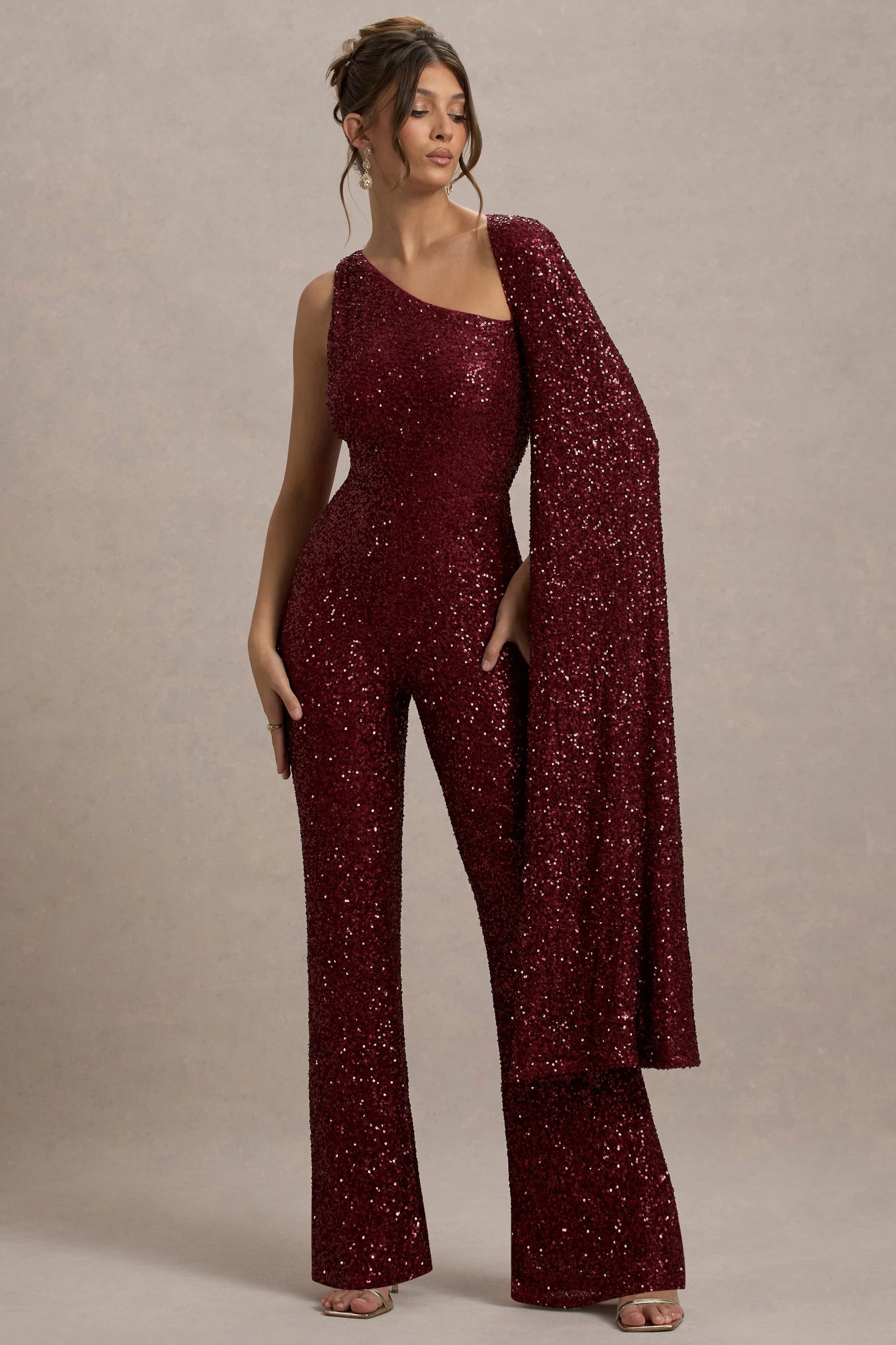 Star Seeker Port Sequin One Shoulder Cape Sleeve Jumpsuit