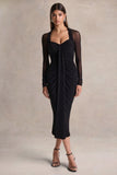 Rosetta Black Sweetheart Neck Midi Dress With Sheer Sleeves