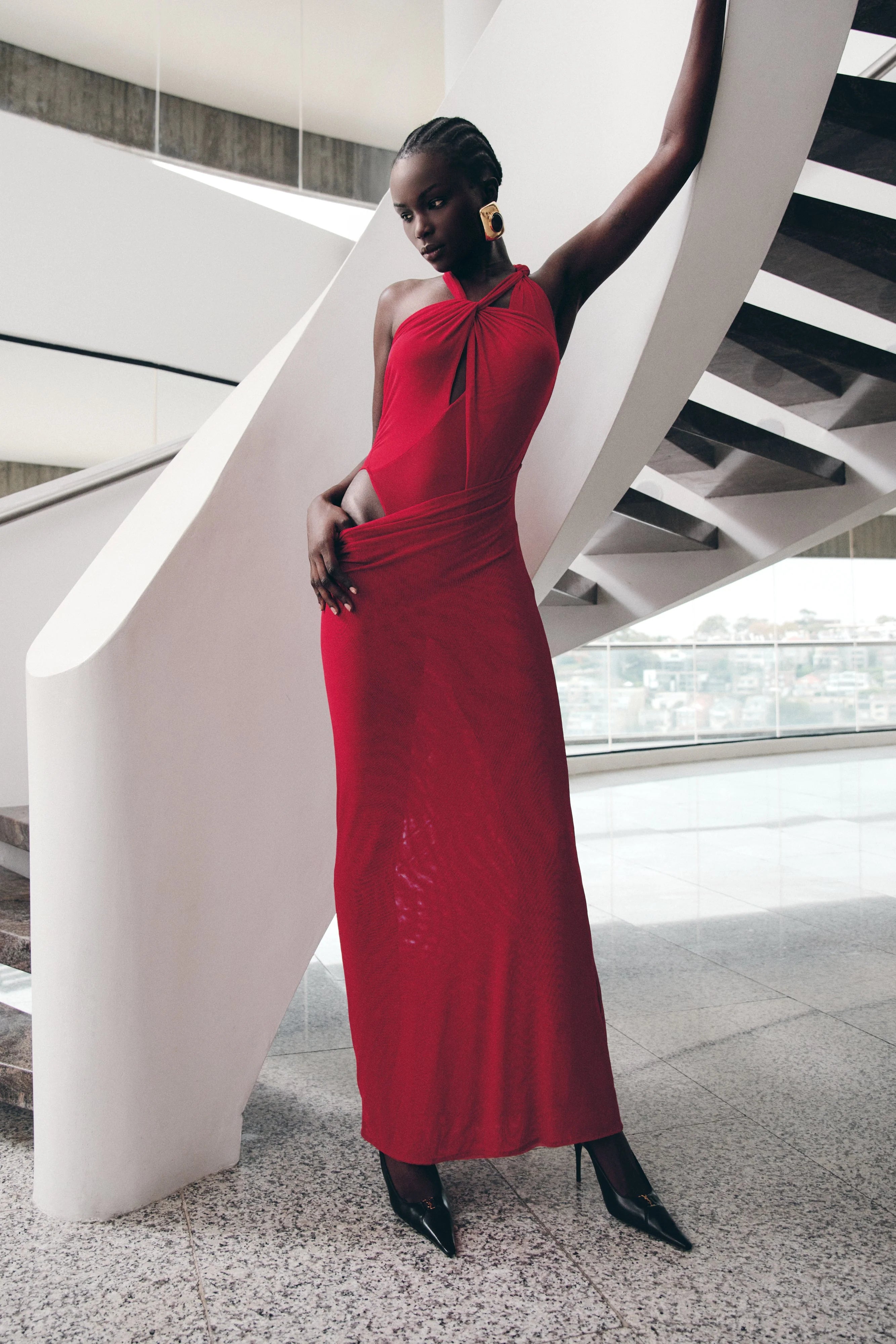 Edwina Knotted Mesh Maxi Dress Red