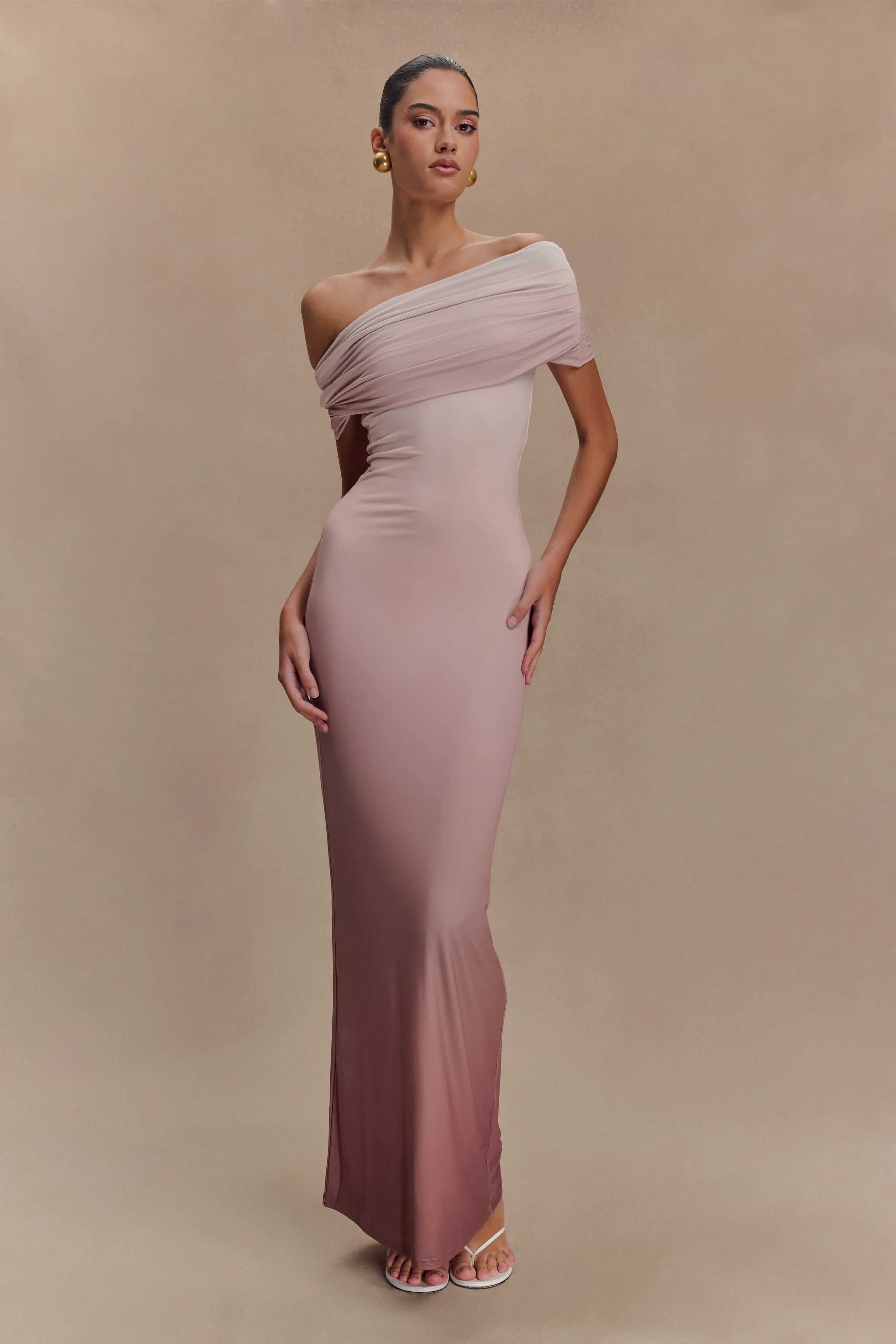 Cassandra Off Shoulder Slinky Maxi Dress Neutral Ombre